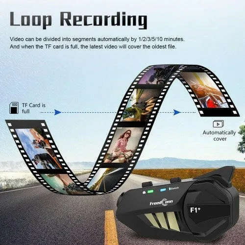 FreedConn F1 Plus Motorcycle Intercom Bluetooth Helmet Headset for Six Motorcycle Riders 1080P HD Lens Video Recorder DVR 1000M Hands-free Interphone FM Radio IP65 Waterproof