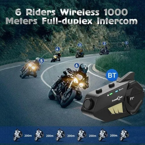 FreedConn F1 Plus Motorcycle Intercom Bluetooth Helmet Headset for Six Motorcycle Riders 1080P HD Lens Video Recorder DVR 1000M Hands-free Interphone FM Radio IP65 Waterproof