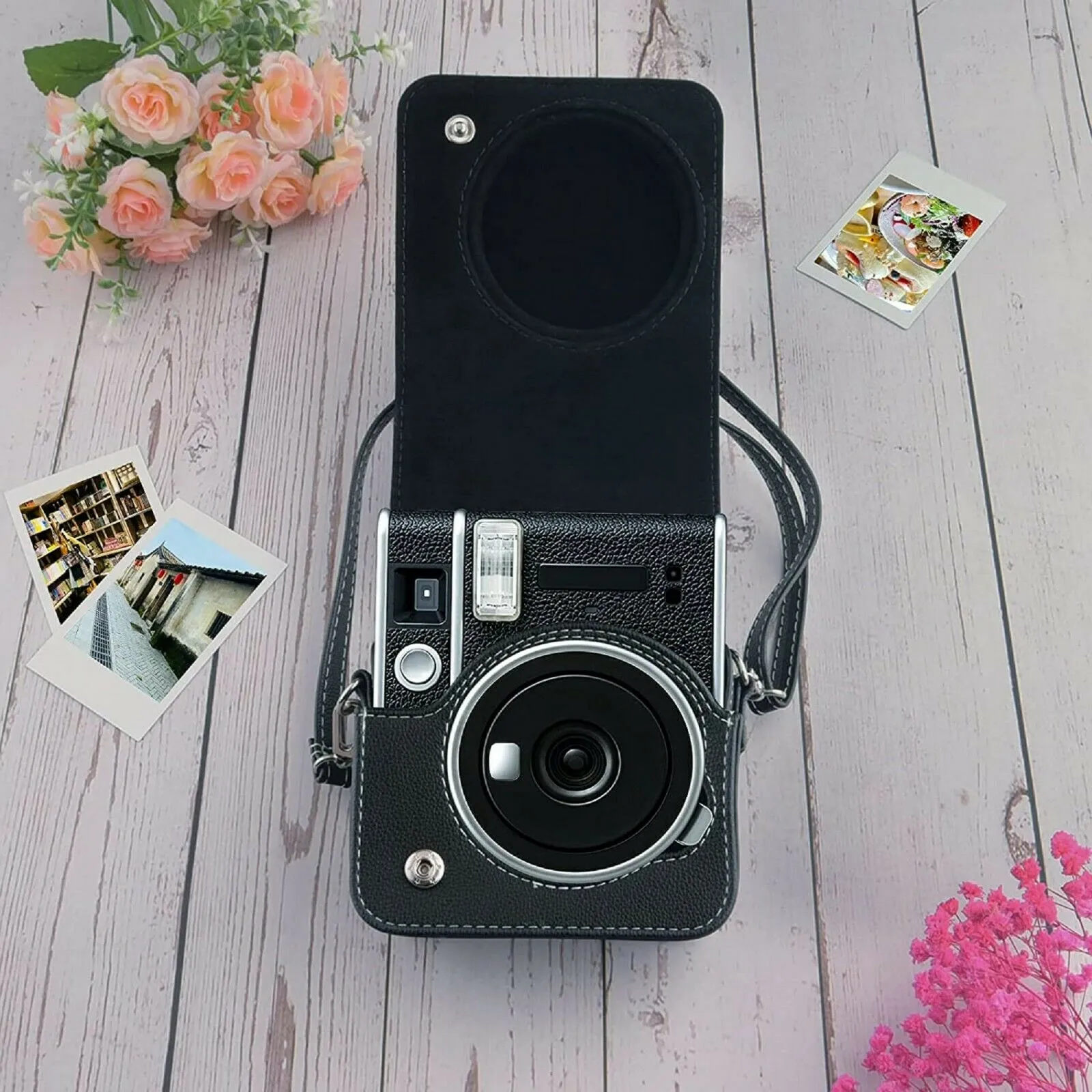 Fujifilm Instax Mini 40 Case | PU Leather Instant Camera Protective Cover with Adjustable Shoulder Strap -Black