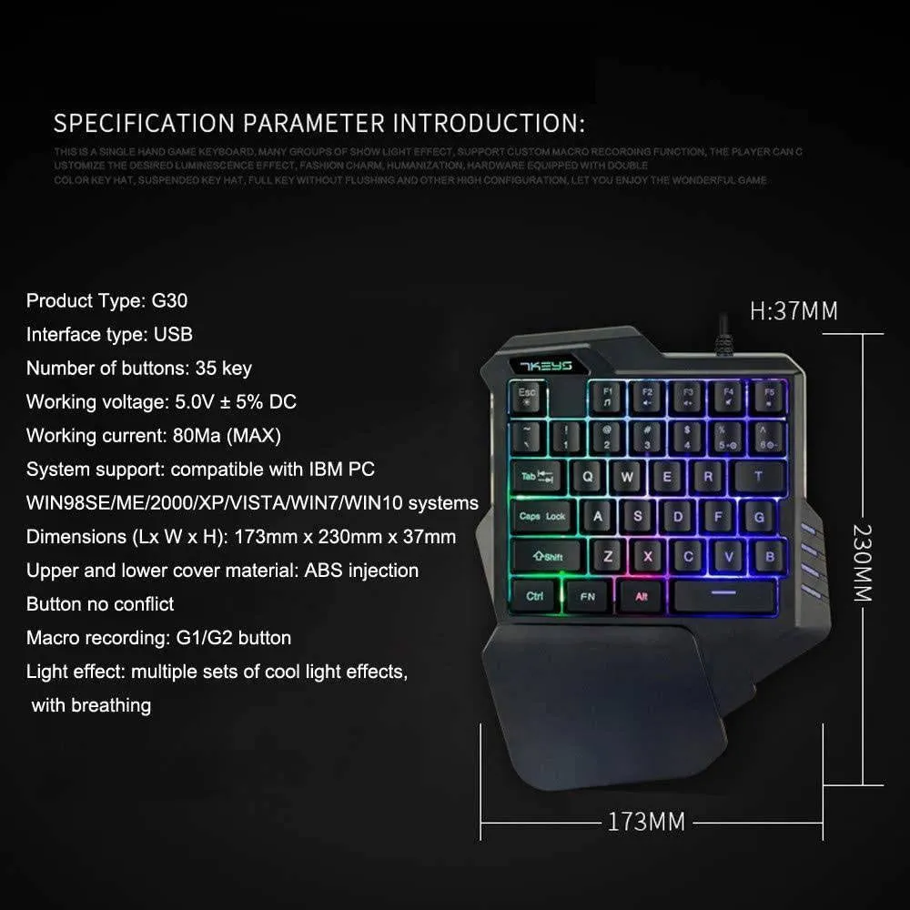 G30 Wired Gaming Keyboard with LED Backlight, Single Hand 35 Keys Membrane Keyboard for PUBG / Freefire / CF Mobile