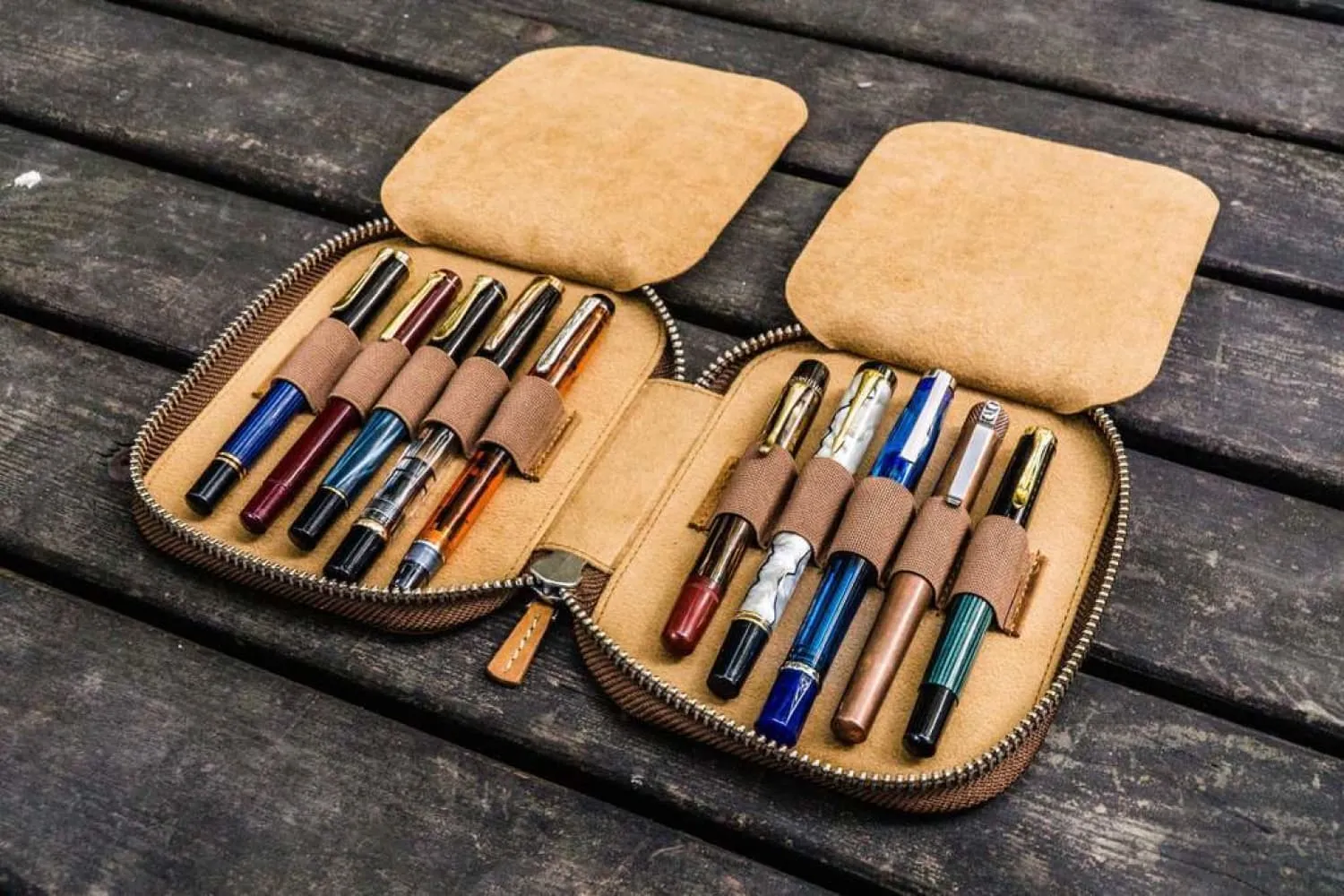 Galen Leather Pen Case Zippered 10 Slots in Crazy Horse Brown