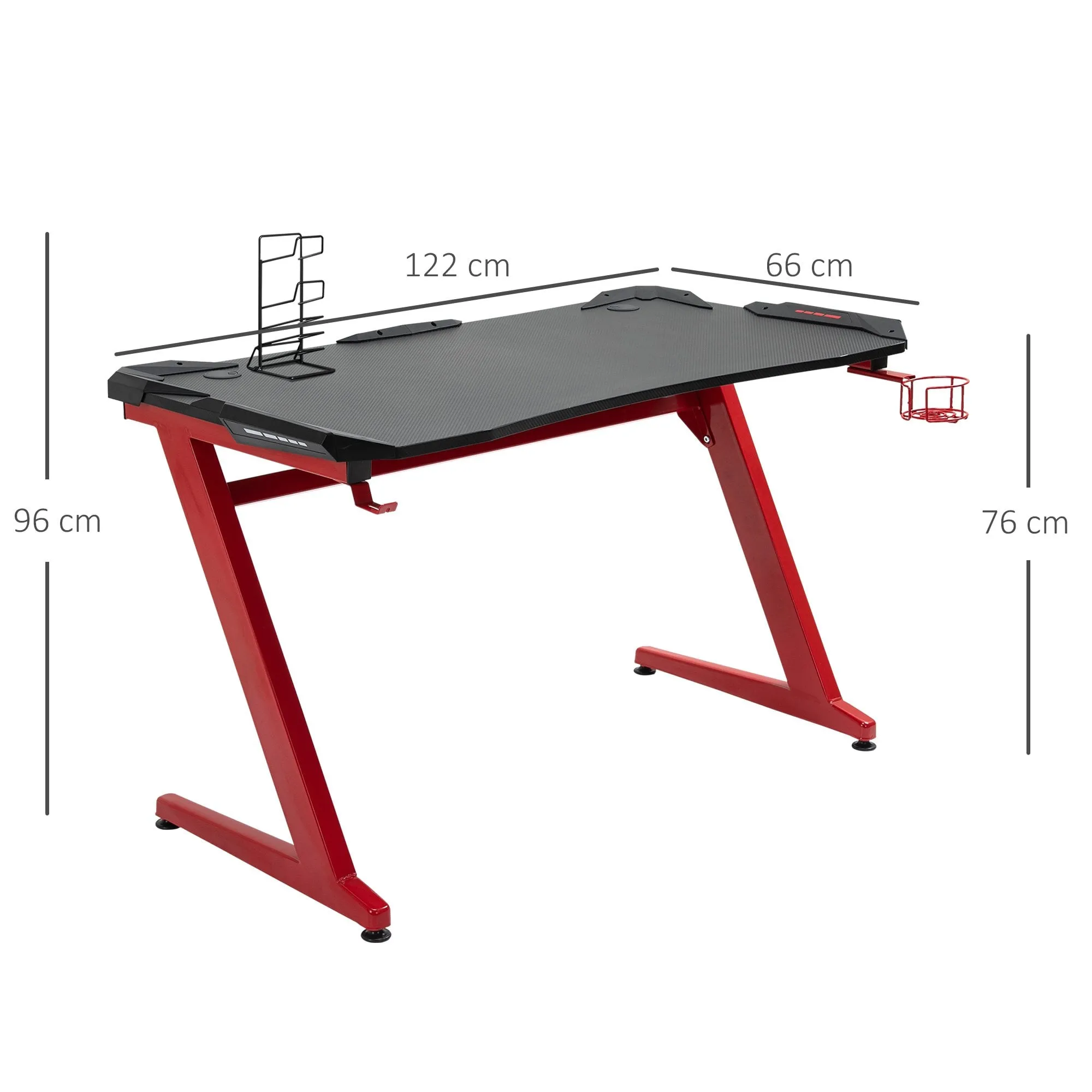 Gaming Desk Computer Writing Table with Cup Holder, Headphone Hook, Gamepad Holder, Cable Management, and Large Workstation for Home Office, 122 x 66 x 86cm, Black and Red Holder Hook Holder Office