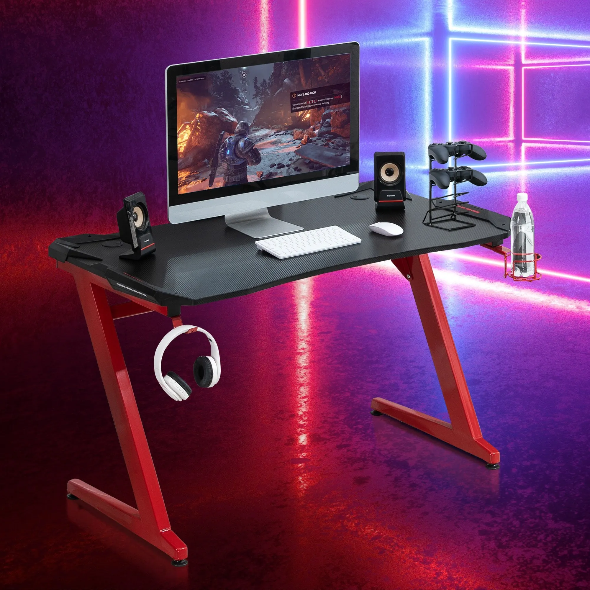 Gaming Desk Computer Writing Table with Cup Holder, Headphone Hook, Gamepad Holder, Cable Management, and Large Workstation for Home Office, 122 x 66 x 86cm, Black and Red Holder Hook Holder Office