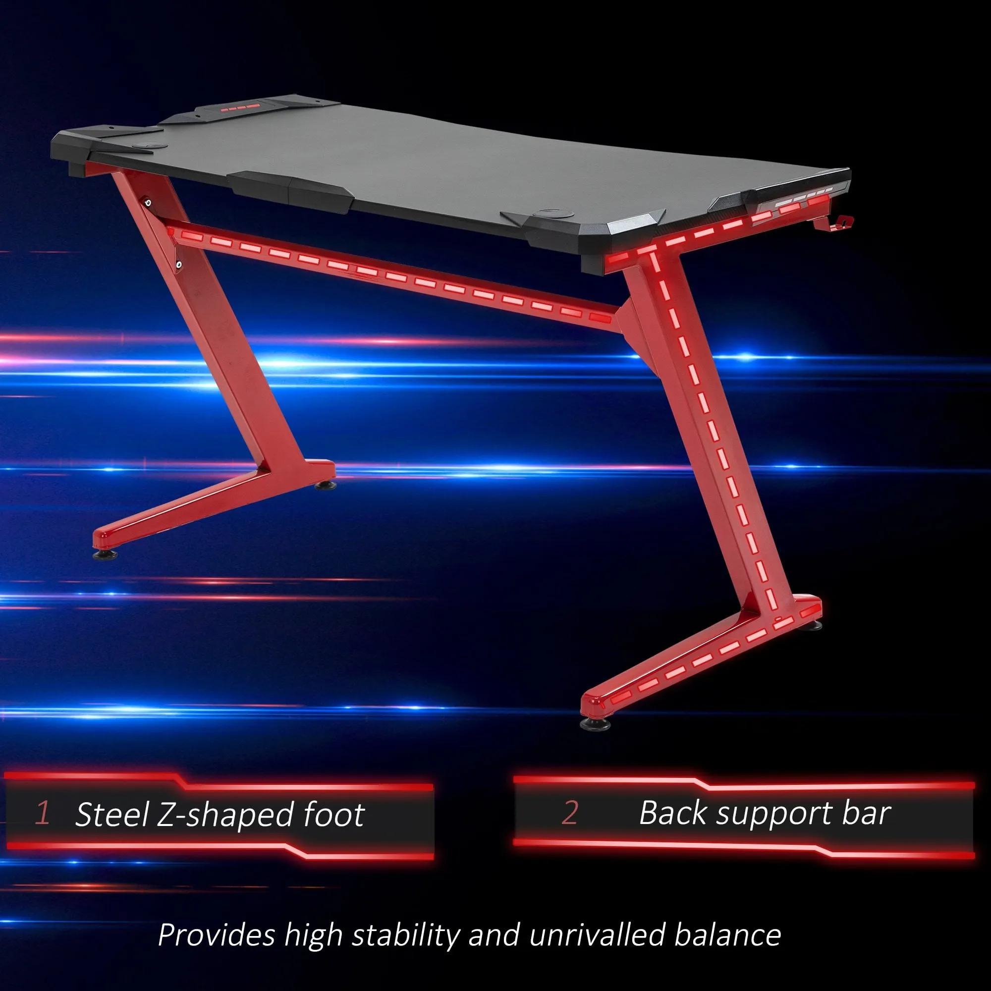 Gaming Desk Computer Writing Table with Cup Holder, Headphone Hook, Gamepad Holder, Cable Management, and Large Workstation for Home Office, 122 x 66 x 86cm, Black and Red Holder Hook Holder Office