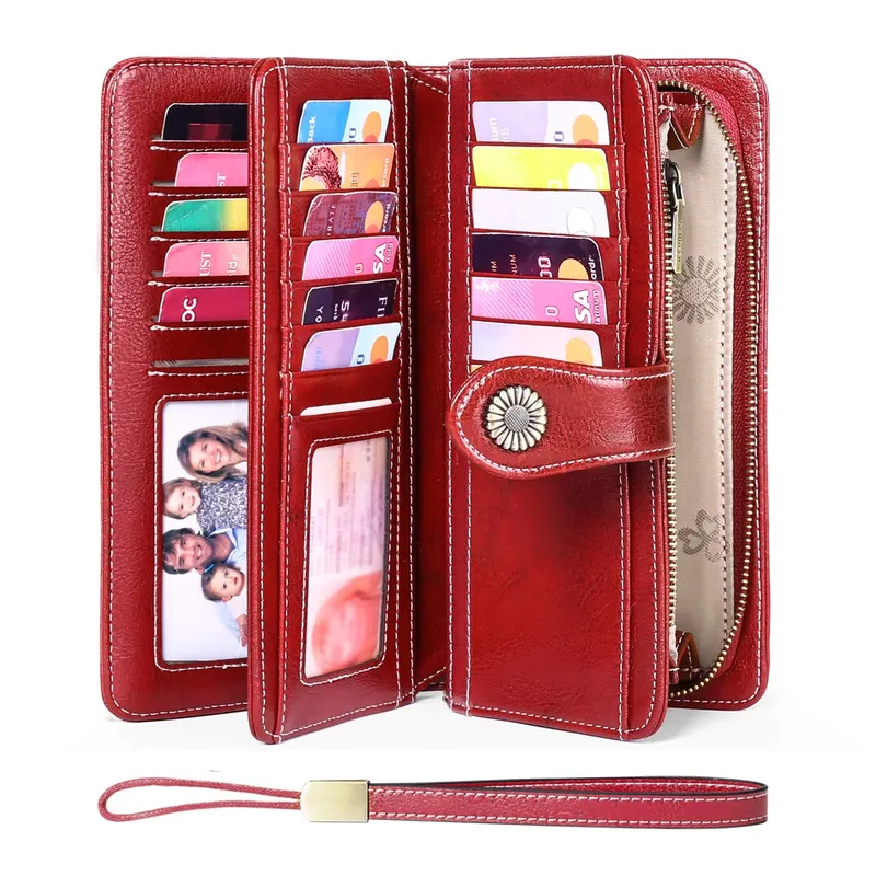 Genuine Leather RFID Blocking Wristlet Wallets-Large Capacity Trifold Wallet