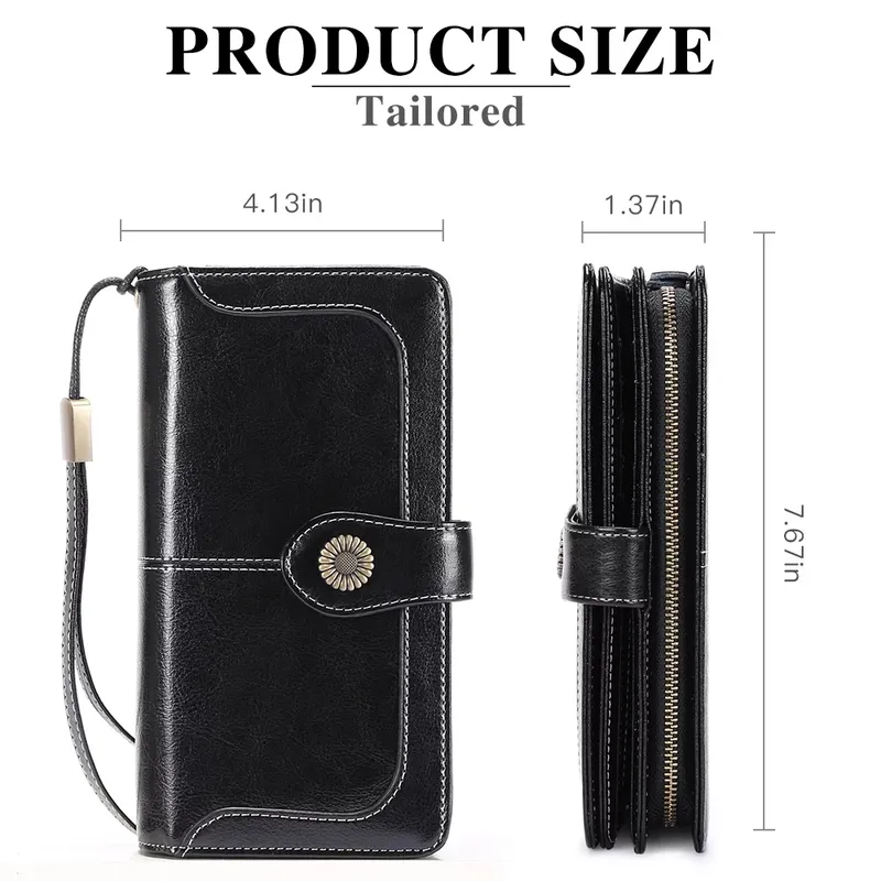 Genuine Leather RFID Blocking Wristlet Wallets-Large Capacity Trifold Wallet