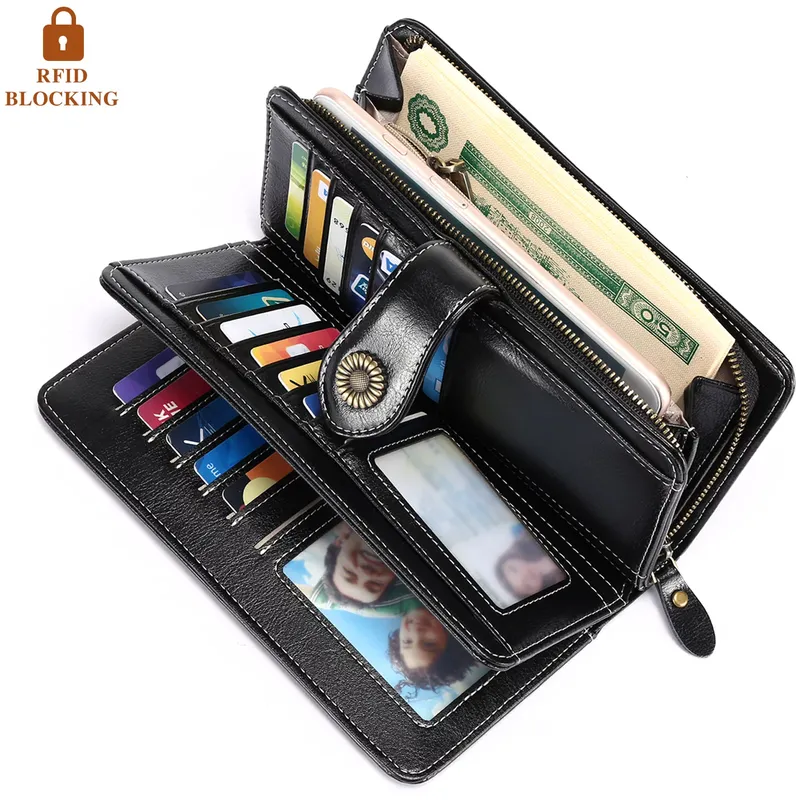 Genuine Leather RFID Blocking Wristlet Wallets-Large Capacity Trifold Wallet