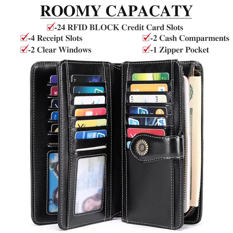 Genuine Leather RFID Blocking Wristlet Wallets-Large Capacity Trifold Wallet