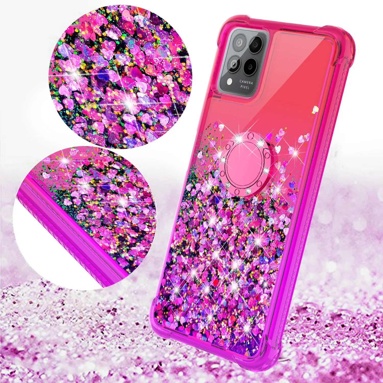 Glitter Phone Case Kickstand Compatible for T-Mobile Revvl 6 Pro 5G Case, Revvl 6 Pro 5G Case,Ring Stand Liquid Floating Quicksand Bling Sparkle Protective Girls Women for T-Mobile Revvl 6 Pro 5G W/Temper Glass - (Hot Pink/Purple Gradient)