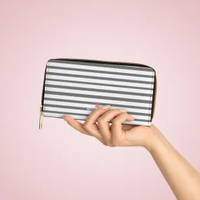 Grey Striped Zipper Wallet, Horizontal Stripes Long Compact Designer Premium Quality Women's Wallet