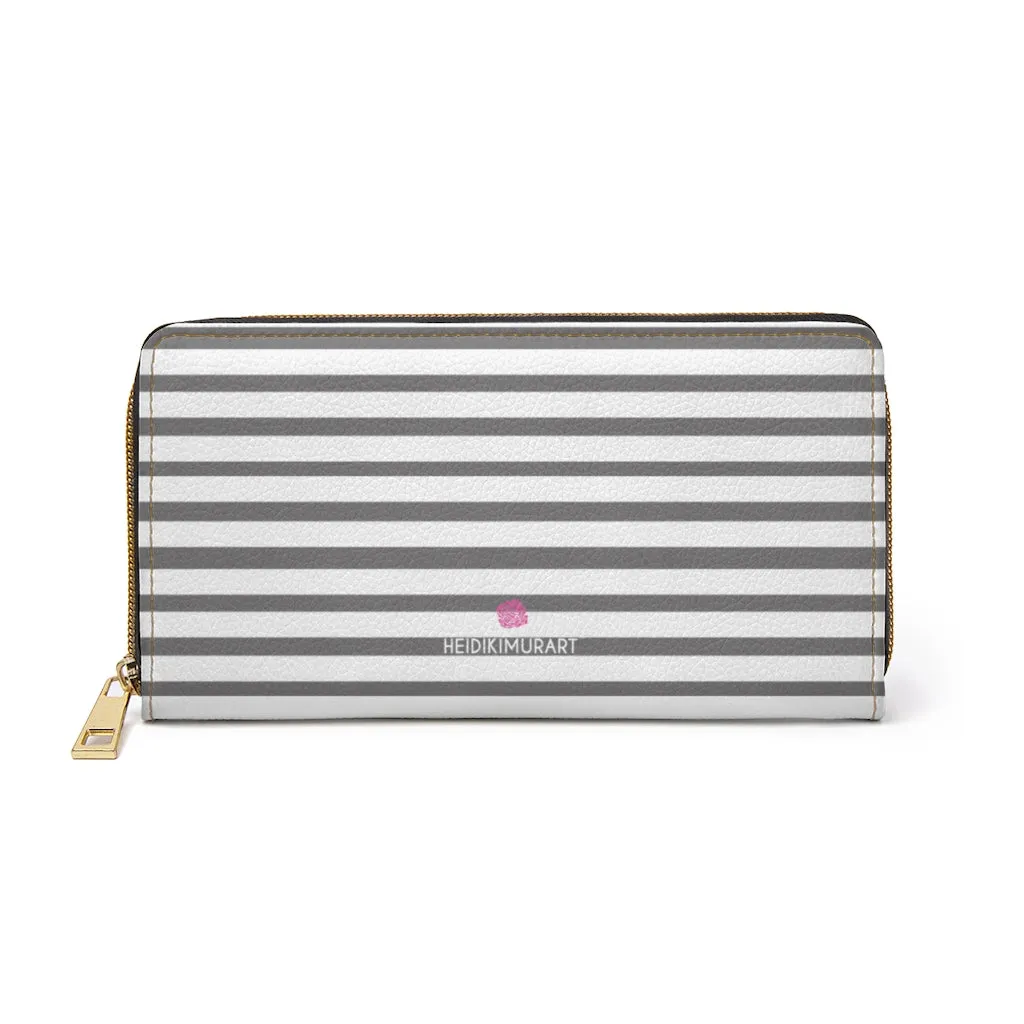 Grey Striped Zipper Wallet, Horizontal Stripes Long Compact Designer Premium Quality Women's Wallet