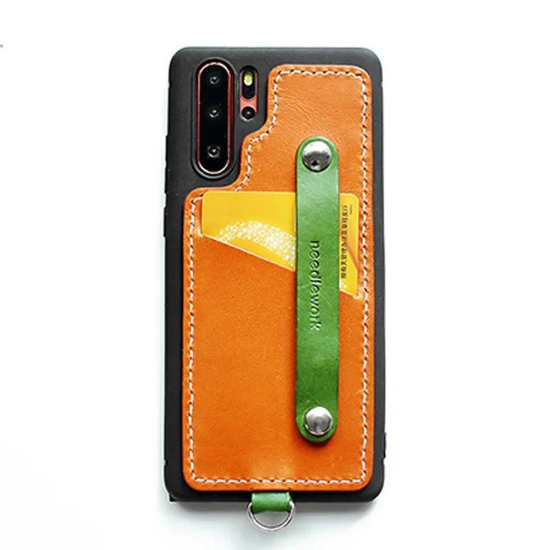 Handmade Green Leather Huawei P30 Case with Card Holder CONTRAST COLOR Huawei P30 Leather Case