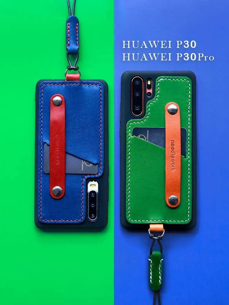 Handmade Green Leather Huawei P30 Case with Card Holder CONTRAST COLOR Huawei P30 Leather Case