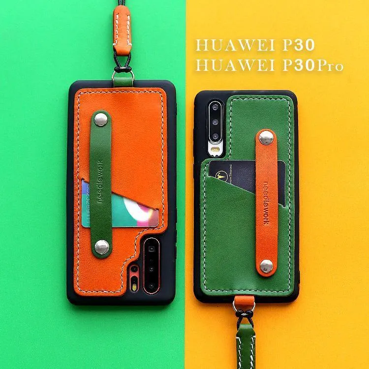 Handmade Green Leather Huawei P30 Case with Card Holder CONTRAST COLOR Huawei P30 Leather Case