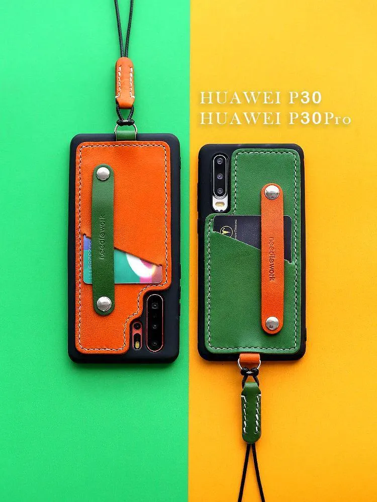 Handmade Green Leather Huawei P30 Case with Card Holder CONTRAST COLOR Huawei P30 Leather Case