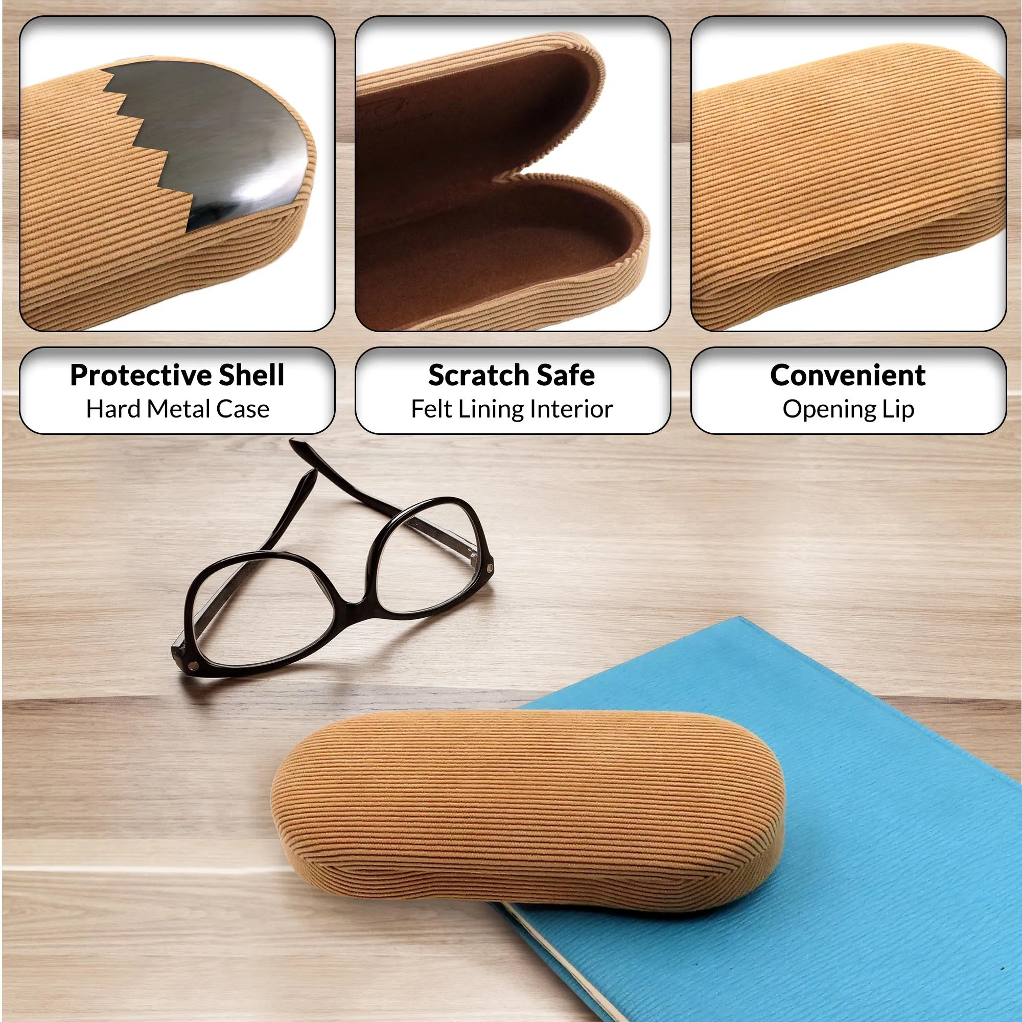 Hard Eyeglass Case - Corduroy Beige Glasses case with pouch and cleaning cloth - metal clamshell  (AS166 Corduroy Beige)