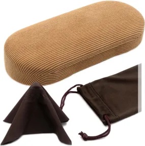 Hard Eyeglass Case - Corduroy Beige Glasses case with pouch and cleaning cloth - metal clamshell  (AS166 Corduroy Beige)