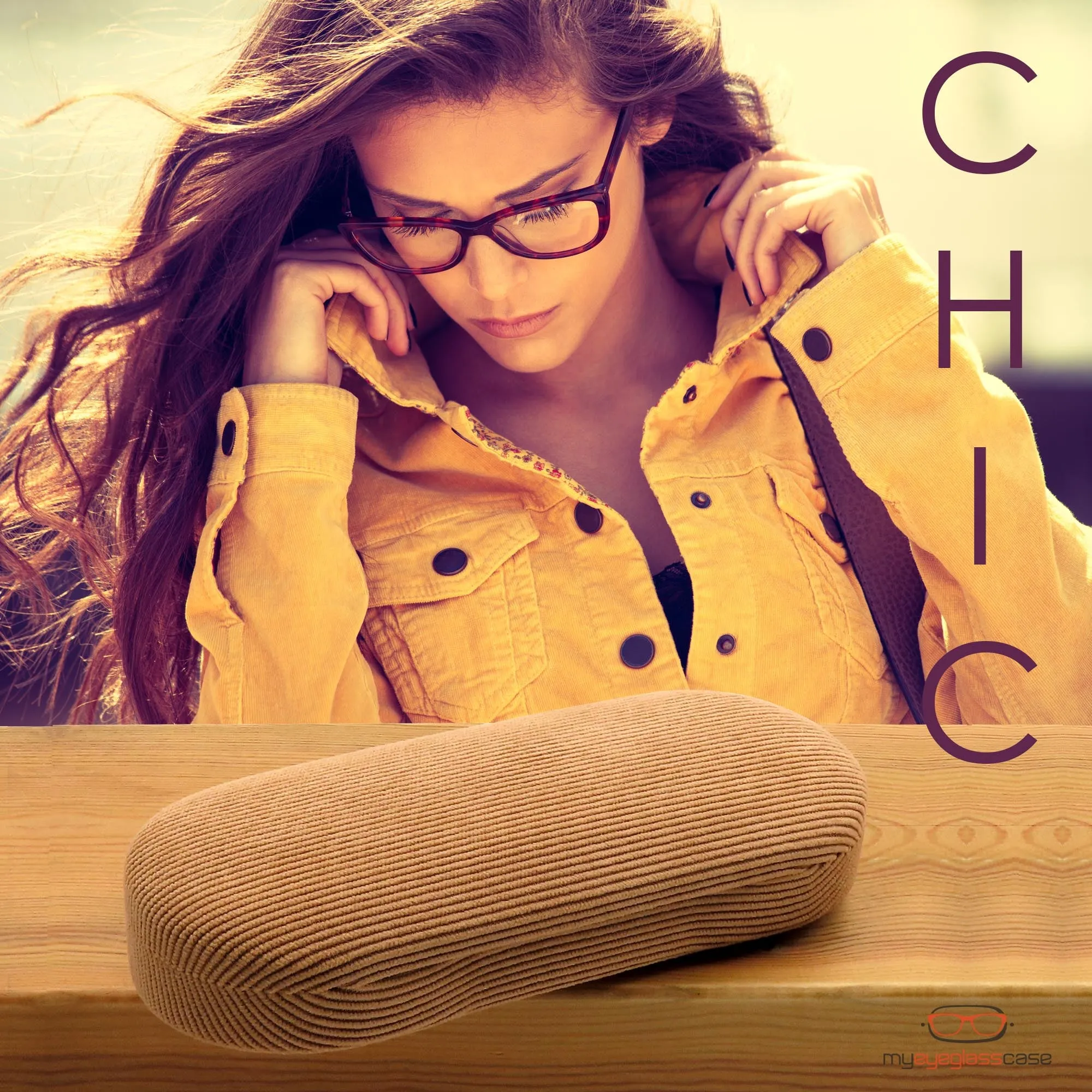 Hard Eyeglass Case - Corduroy Beige Glasses case with pouch and cleaning cloth - metal clamshell  (AS166 Corduroy Beige)