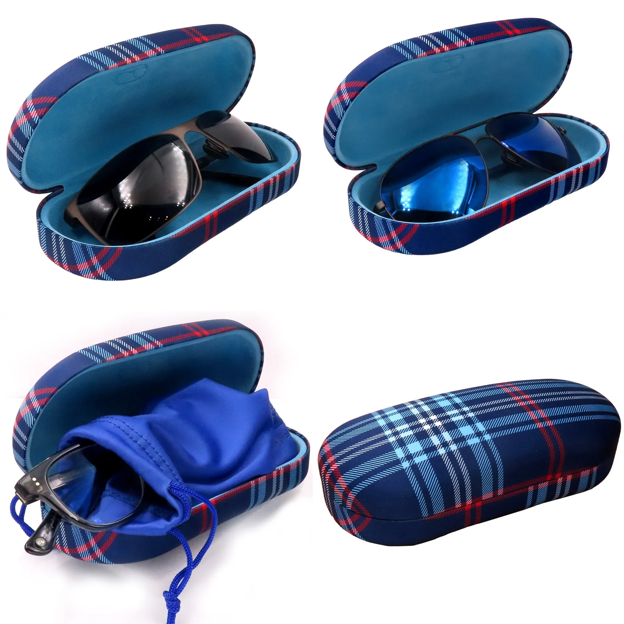 Hard Sunglasses Case in a Plaid Blue Pattern - Large Eyeglass Case Holder w/Pouch & Cloth for Medium- Large Frames (AS87 PLAID Blue