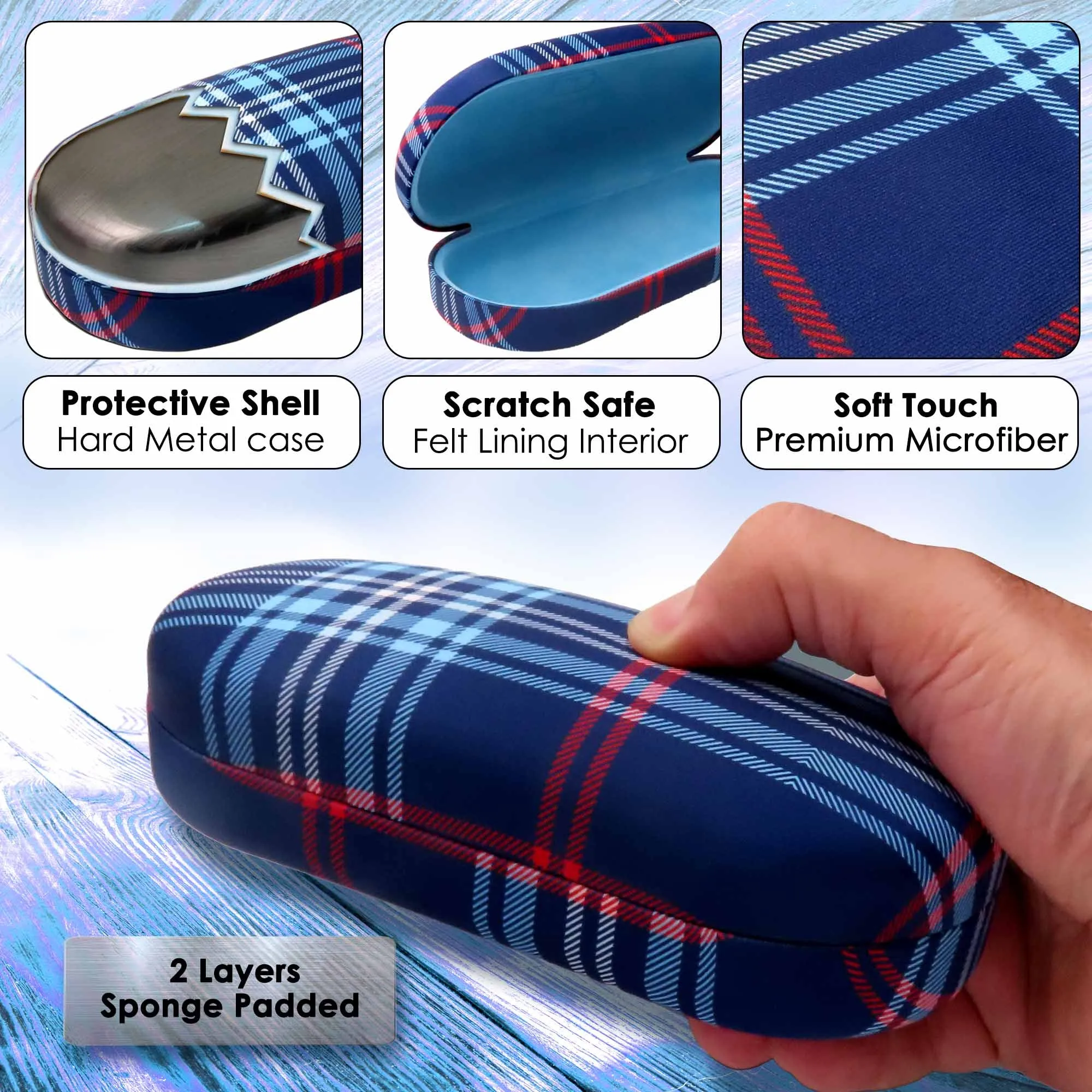 Hard Sunglasses Case in a Plaid Blue Pattern - Large Eyeglass Case Holder w/Pouch & Cloth for Medium- Large Frames (AS87 PLAID Blue