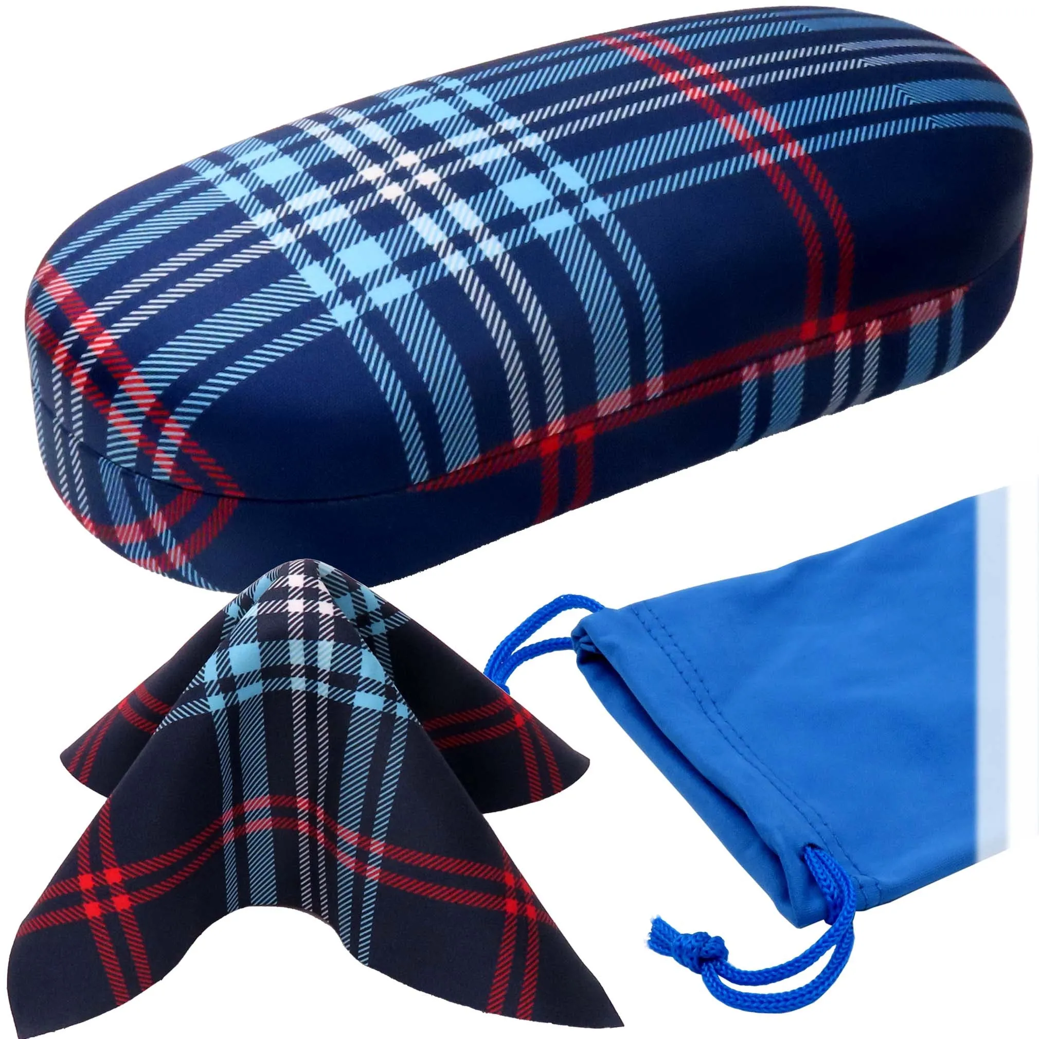 Hard Sunglasses Case in a Plaid Blue Pattern - Large Eyeglass Case Holder w/Pouch & Cloth for Medium- Large Frames (AS87 PLAID Blue