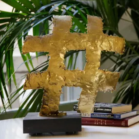 Hashtag - Backlit brass sculpture on wooden base