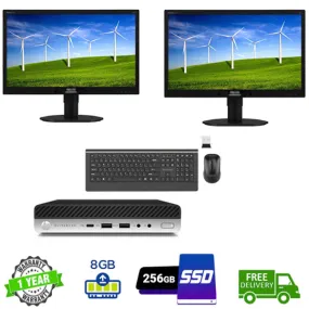 Home or Office Ready!!  HP EliteDesk 800 G3 Tiny PC Ex Lease i5 7th gen 8GB RAM 256GB SSD Win 10, includes: 2X 22" Ex-Lease Monitors, Wired Keyboard and Mouse (All Cables will be provided)