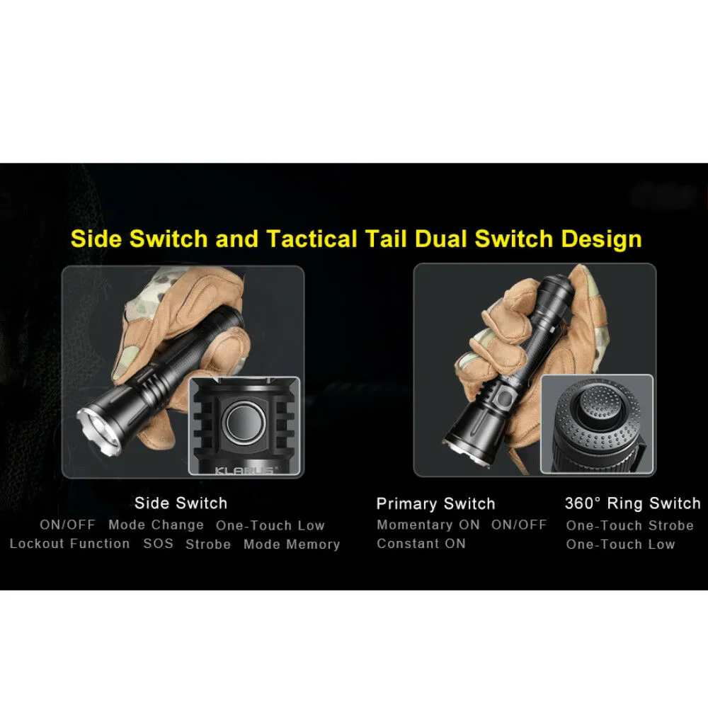 Klarus 360x3 Rechargeable Tactical Flashlight 3200 Lumens Dual Switch Design