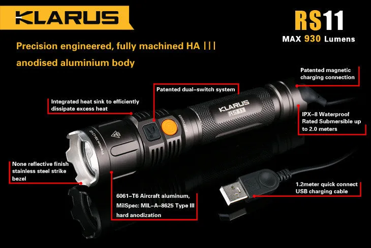 Klarus RS11 Dual Switch Rechargeable 930 Lumen LED Flashlight