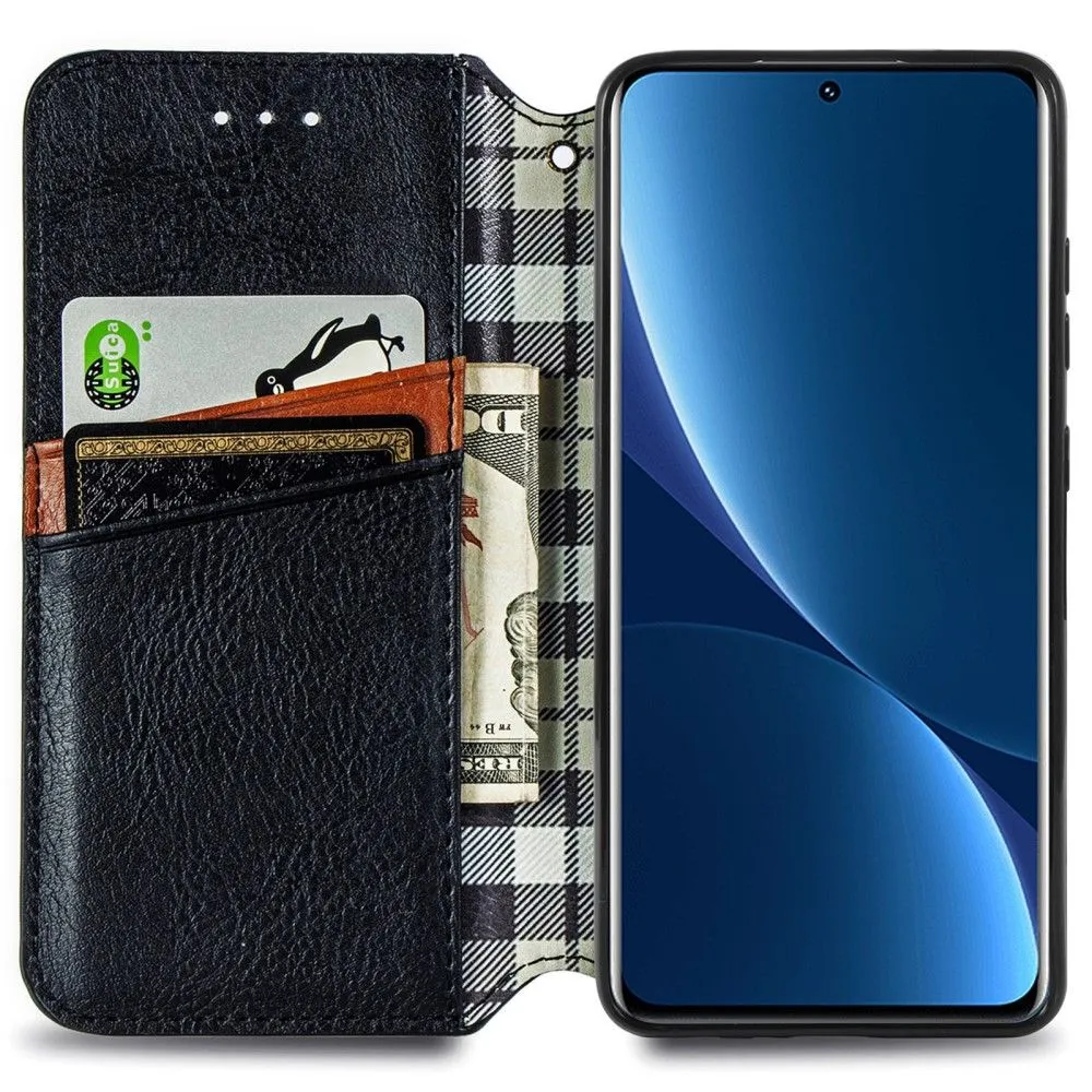 Leather case with a stylish rhombus imprint for Xiaomi 12 Pro - Black