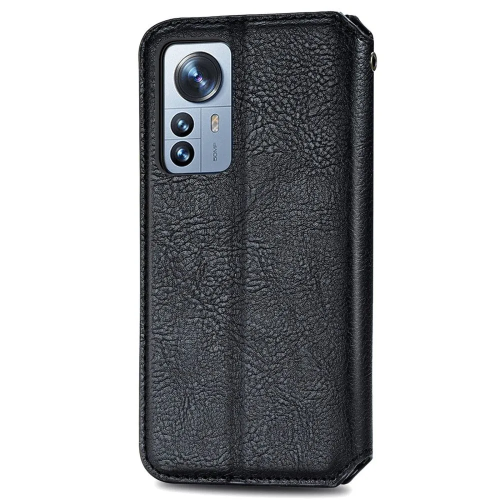 Leather case with a stylish rhombus imprint for Xiaomi 12 Pro - Black