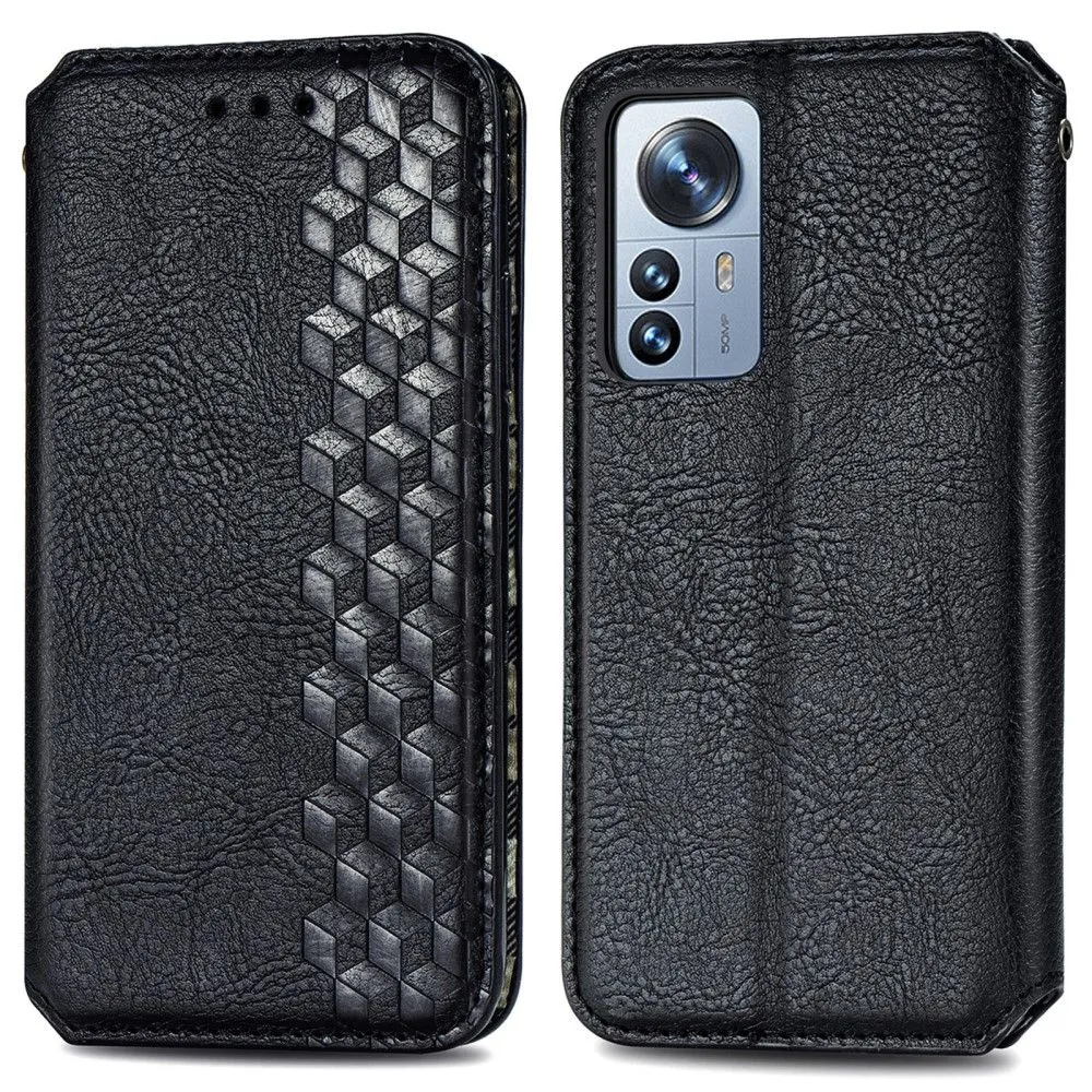 Leather case with a stylish rhombus imprint for Xiaomi 12 Pro - Black