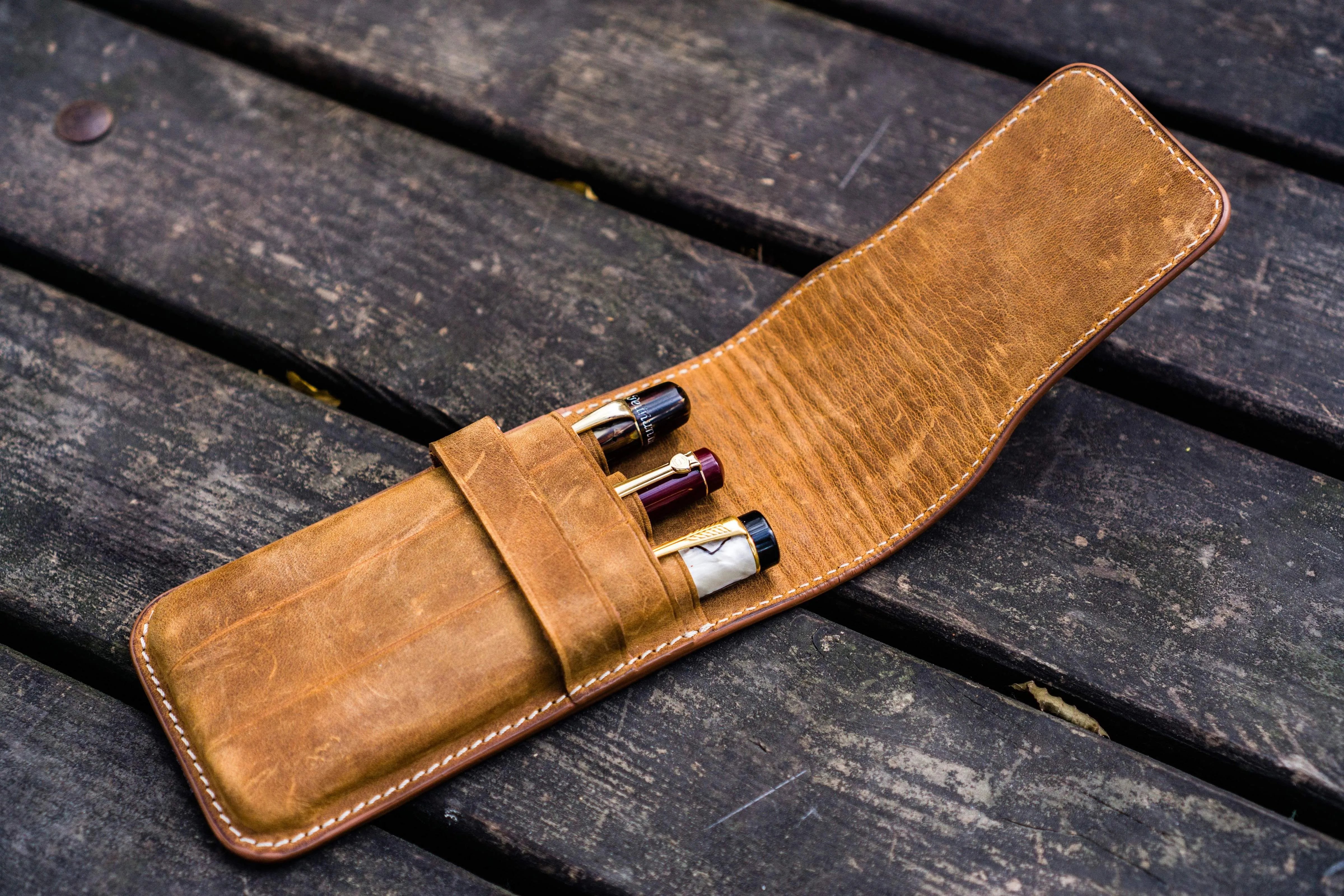 Leather Flap Pen Case for Three Pens - Crazy Horse Brown