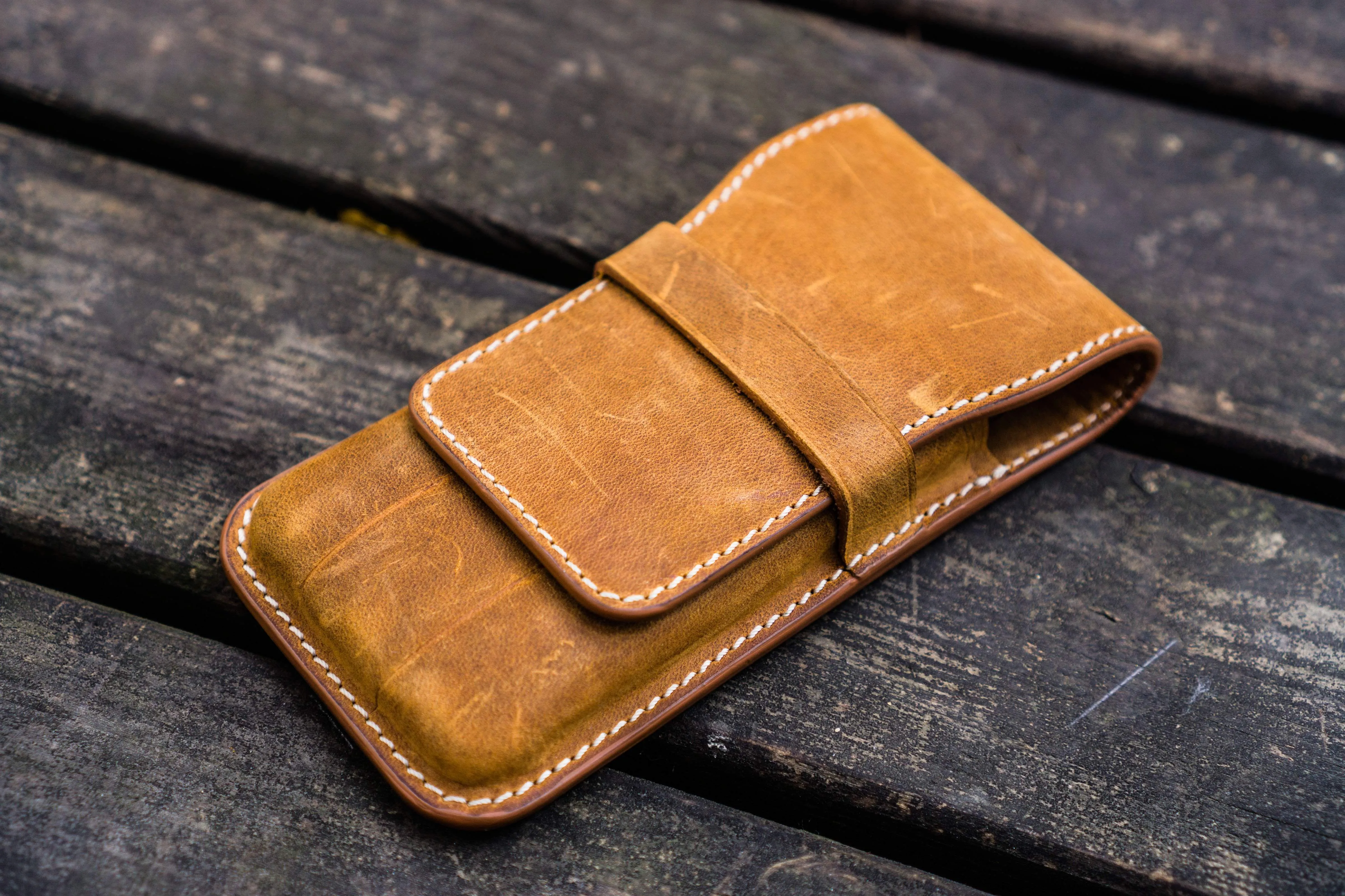 Leather Flap Pen Case for Three Pens - Crazy Horse Brown