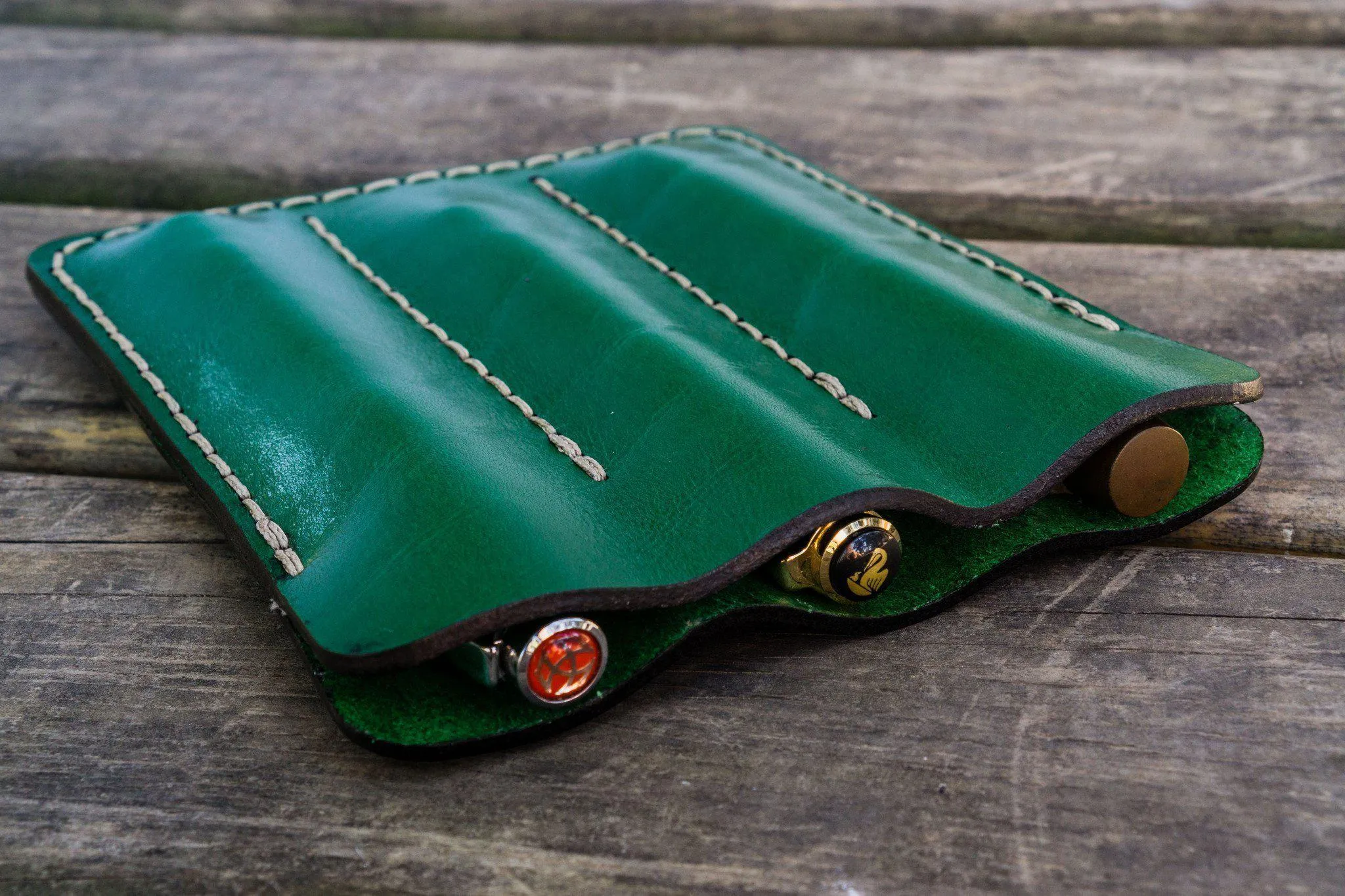 Leather Triple Fountain Pen Case / Pen Pouch - Green