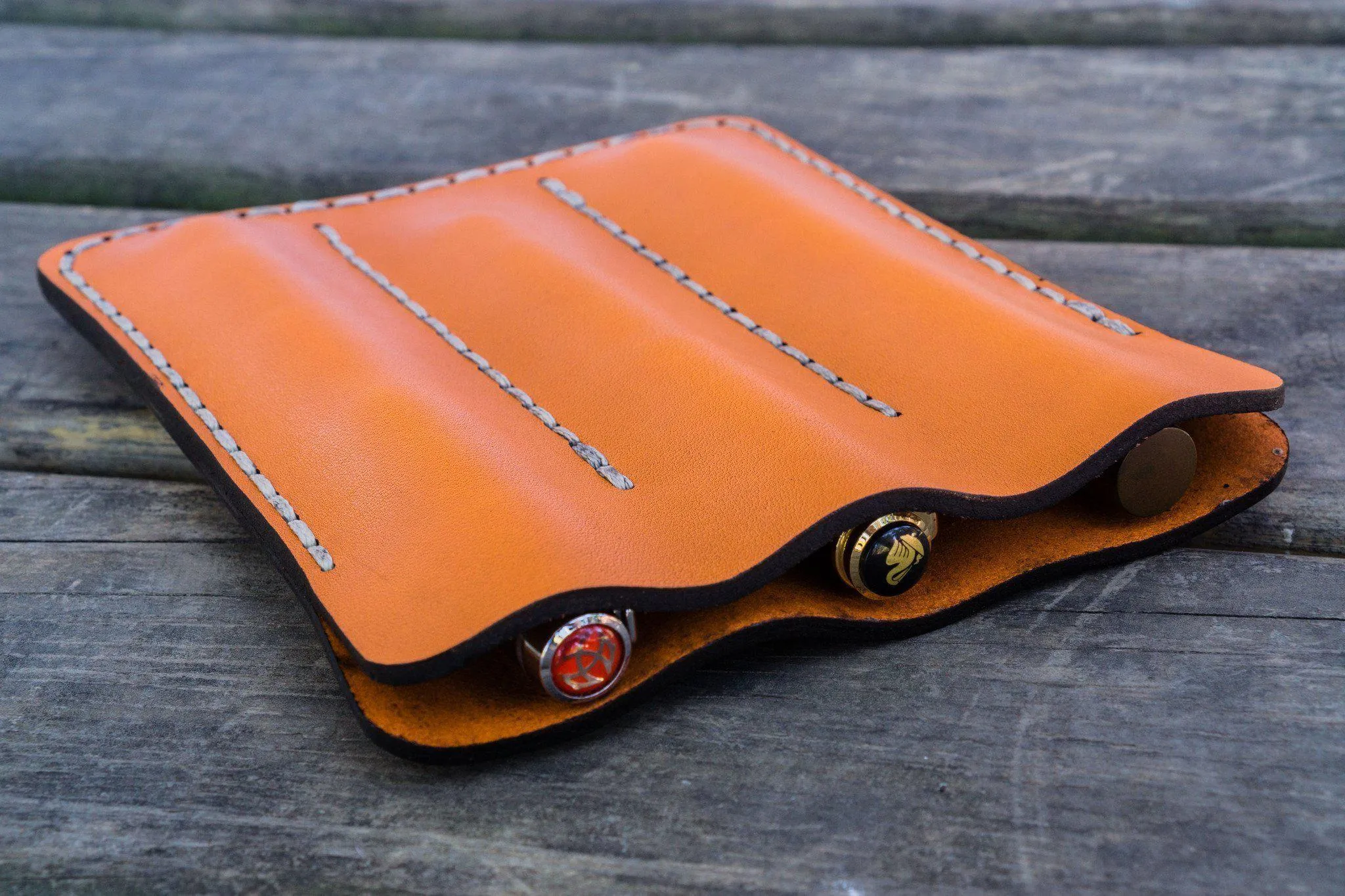 Leather Triple Fountain Pen Case / Pen Pouch - Orange