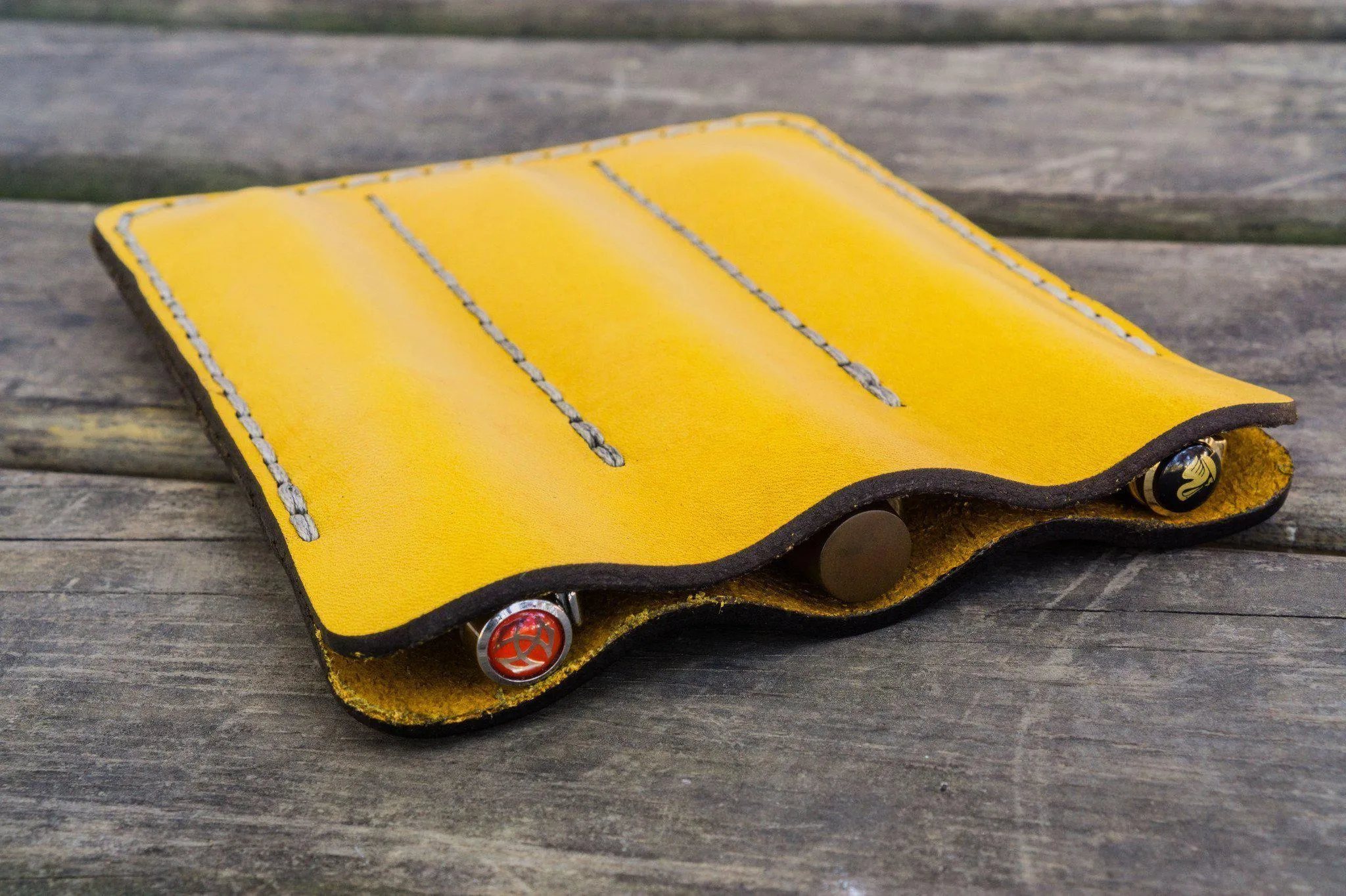 Leather Triple Fountain Pen Case / Pen Pouch - Yellow