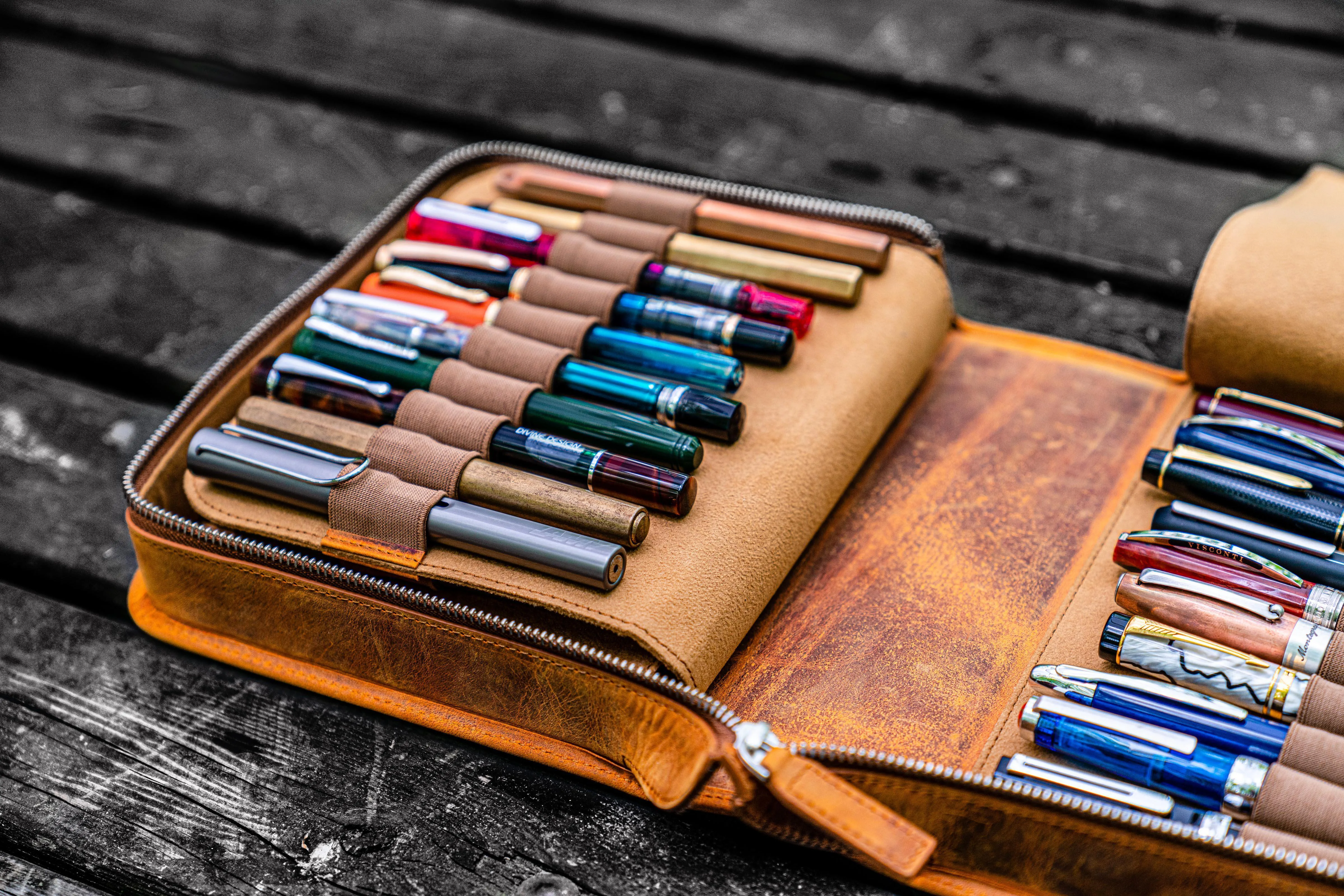 Leather Zippered 40 Slots Pen Case - Crazy Horse Brown