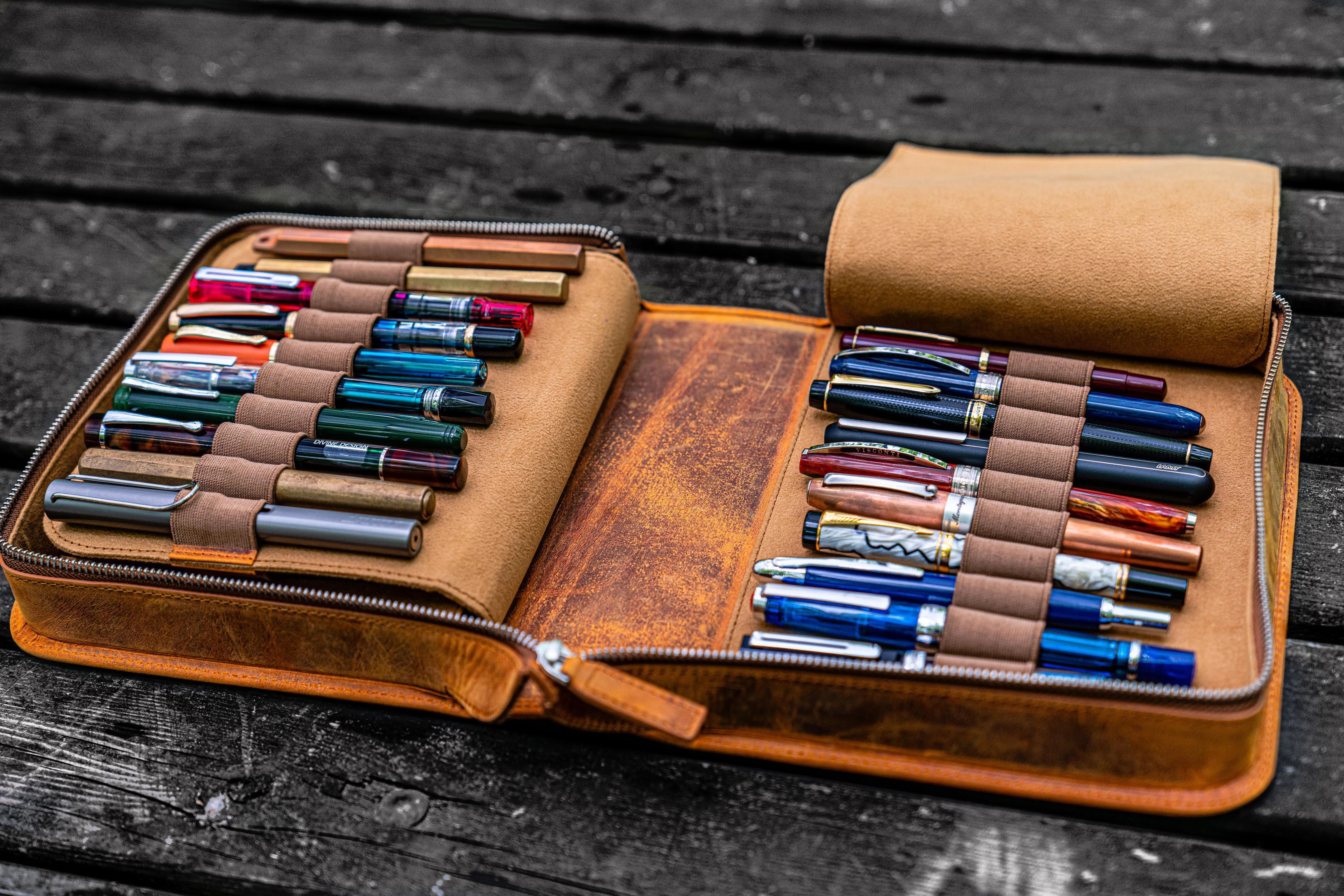 Leather Zippered 40 Slots Pen Case - Crazy Horse Brown