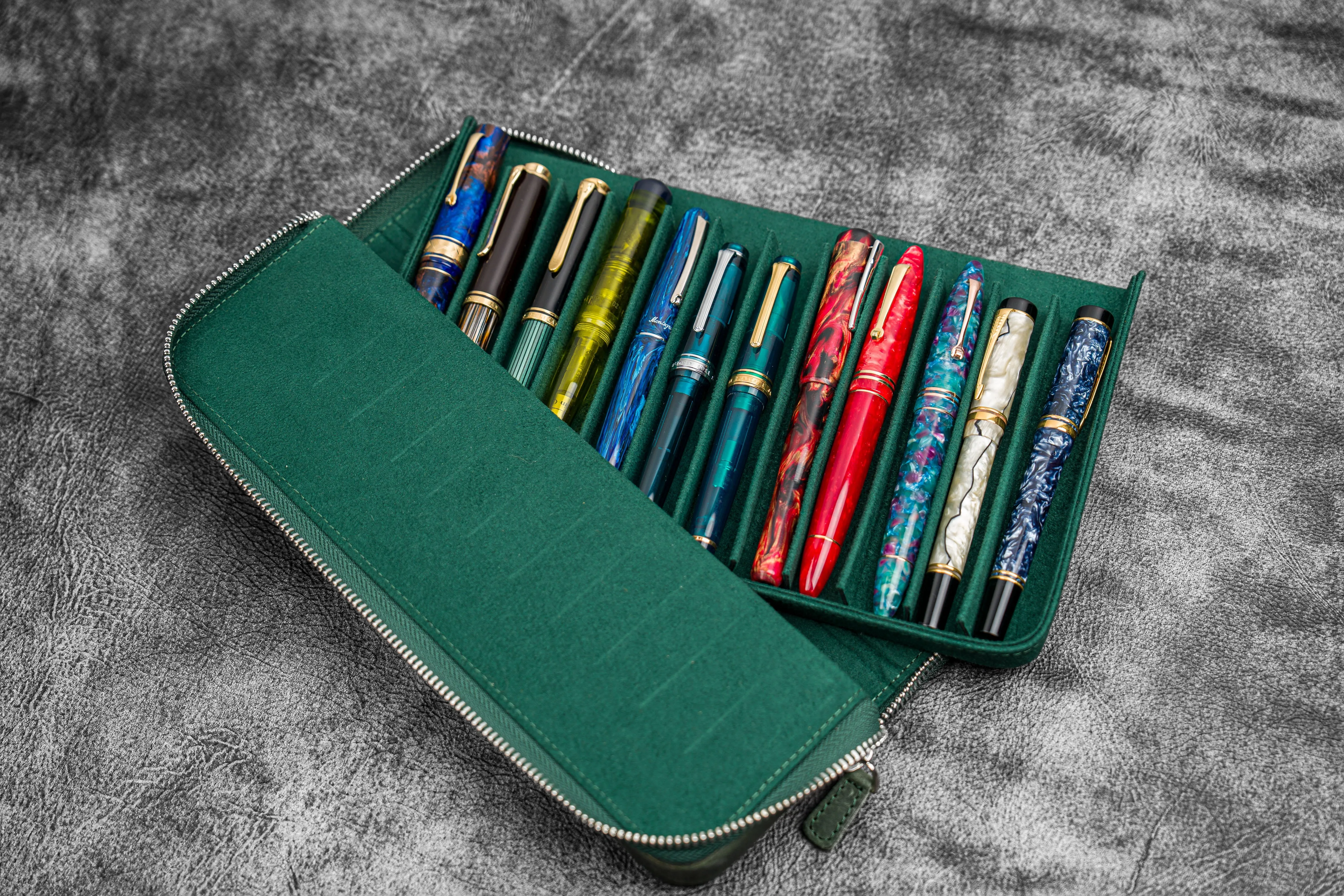 Leather Zippered Magnum Opus 12 Slots Hard Pen Case with Removable Pen Tray - Crazy Horse Forest Green