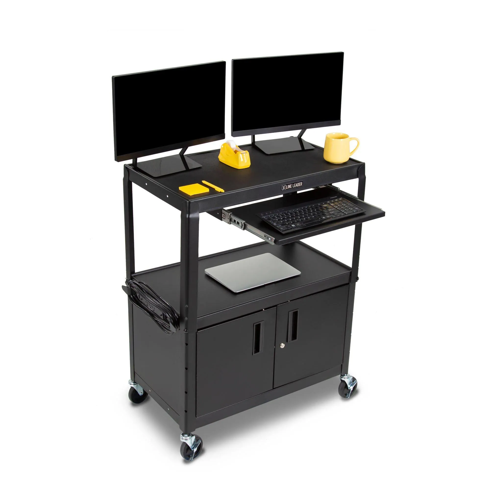 Line Leader AV Cart   Cabinet   Keyboard Tray | Height Adjustable Mobile Workstation