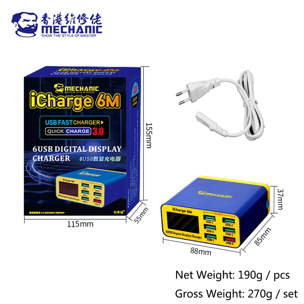 Mechanic iCharge 6M Digital LCD Display Smart Charger QC 3.0 USB Fast-Charging 6 Port For Tablet Mobile Phone