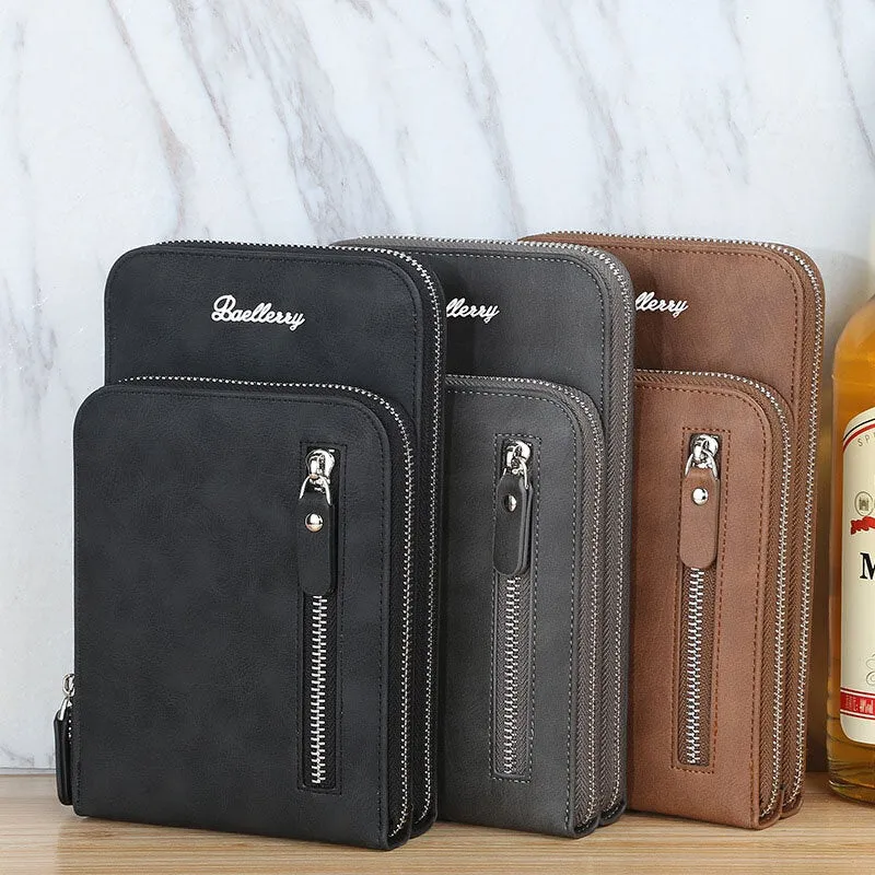 Men Faux Leather Multifunction Vertical Large Capacity Double Zipper 6.3 Inch Phone Bag Crossbody Bag Wallet