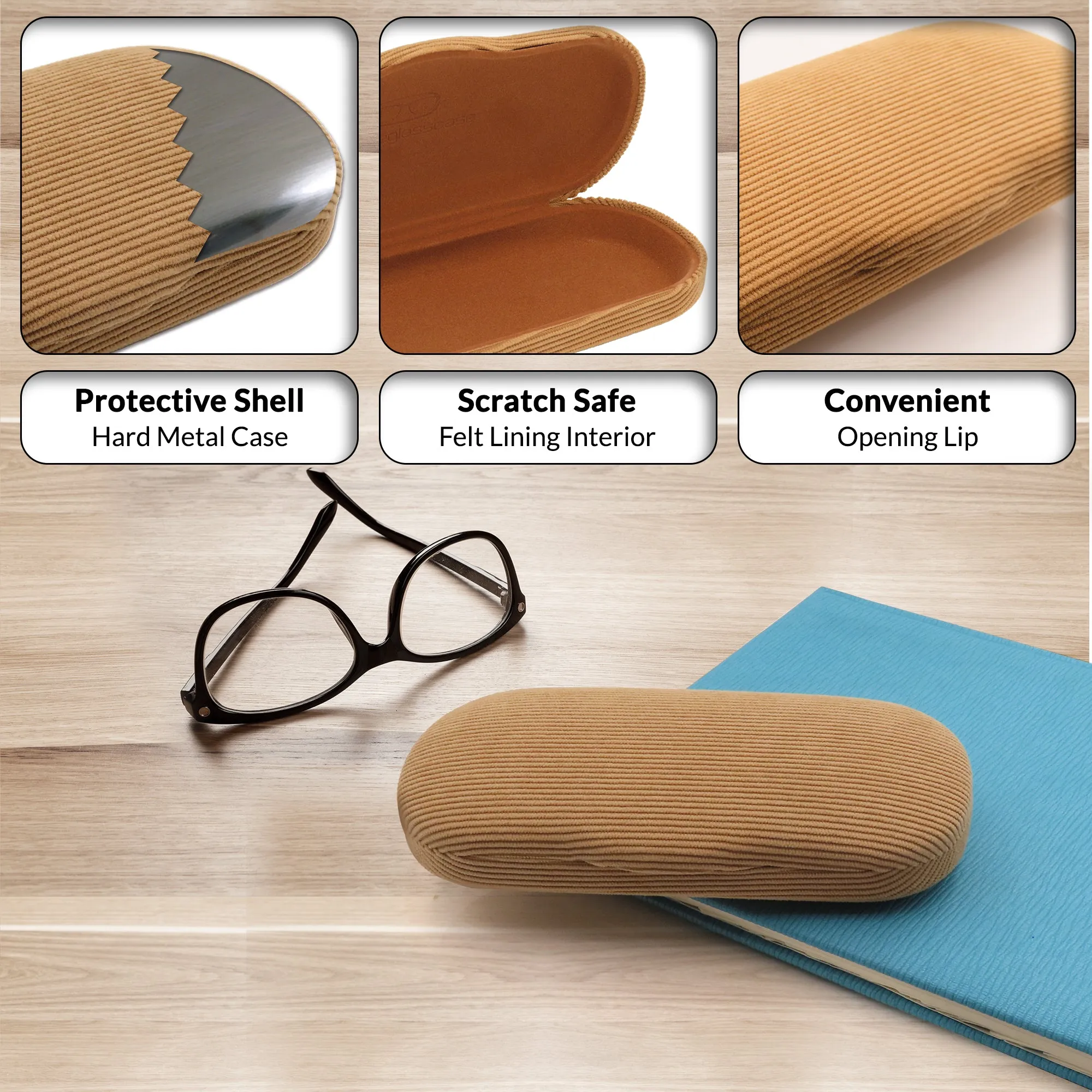 Men Hard Eyeglass Case for Small medium Frames - Glasses Case Holder with pouch and Cleaning Cloth (AS196 Corduroy Beige)