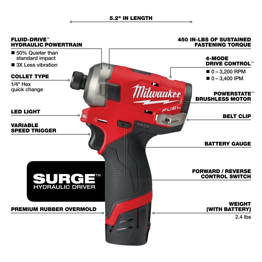 Milwaukee 2551-22 M12 FUEL 12V SURGE 1/4 Inch Hex Hydraulic Driver Kit