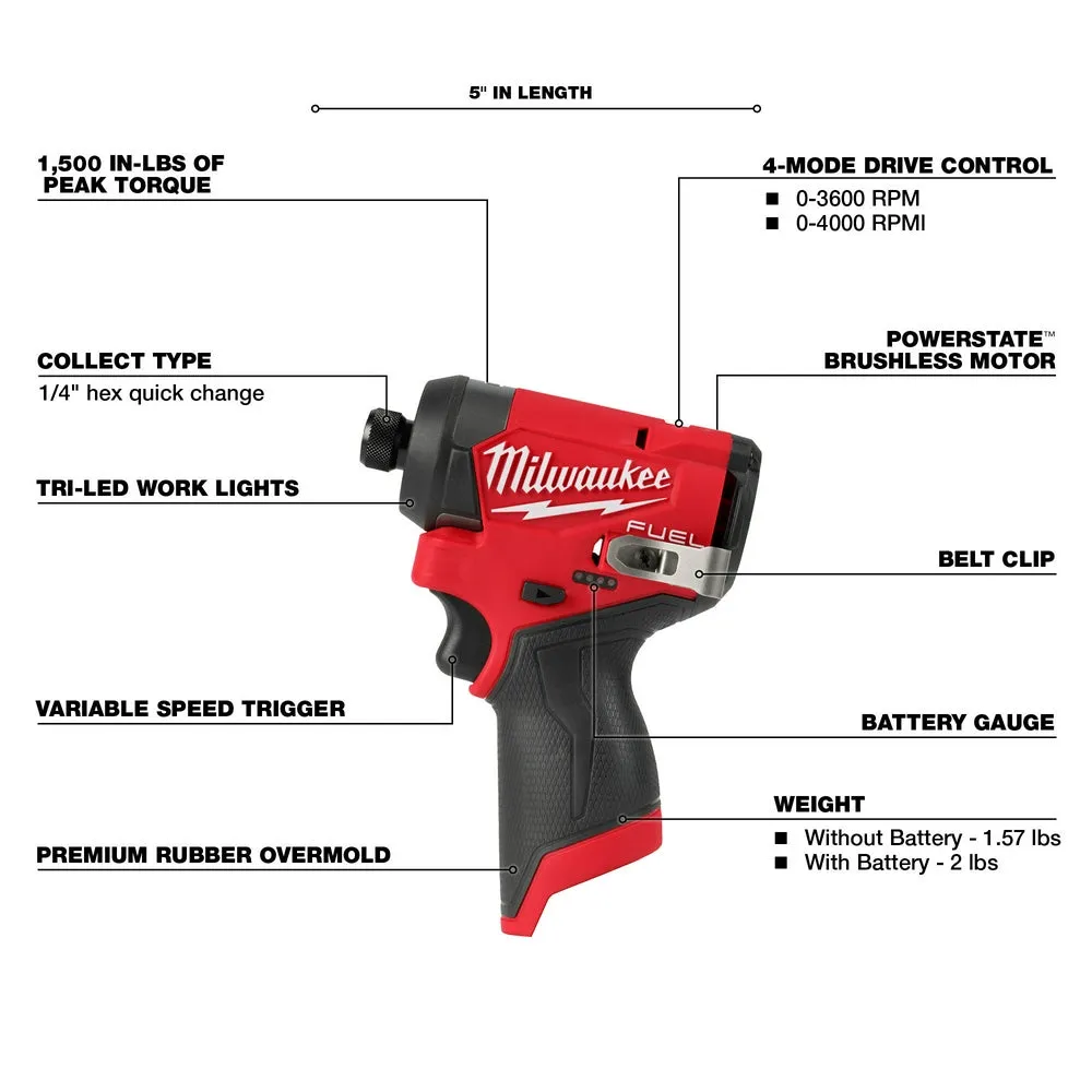 Milwaukee 3453-20 M12 FUEL 12V 1/4" Hex Cordless Impact Driver - Bare Tool