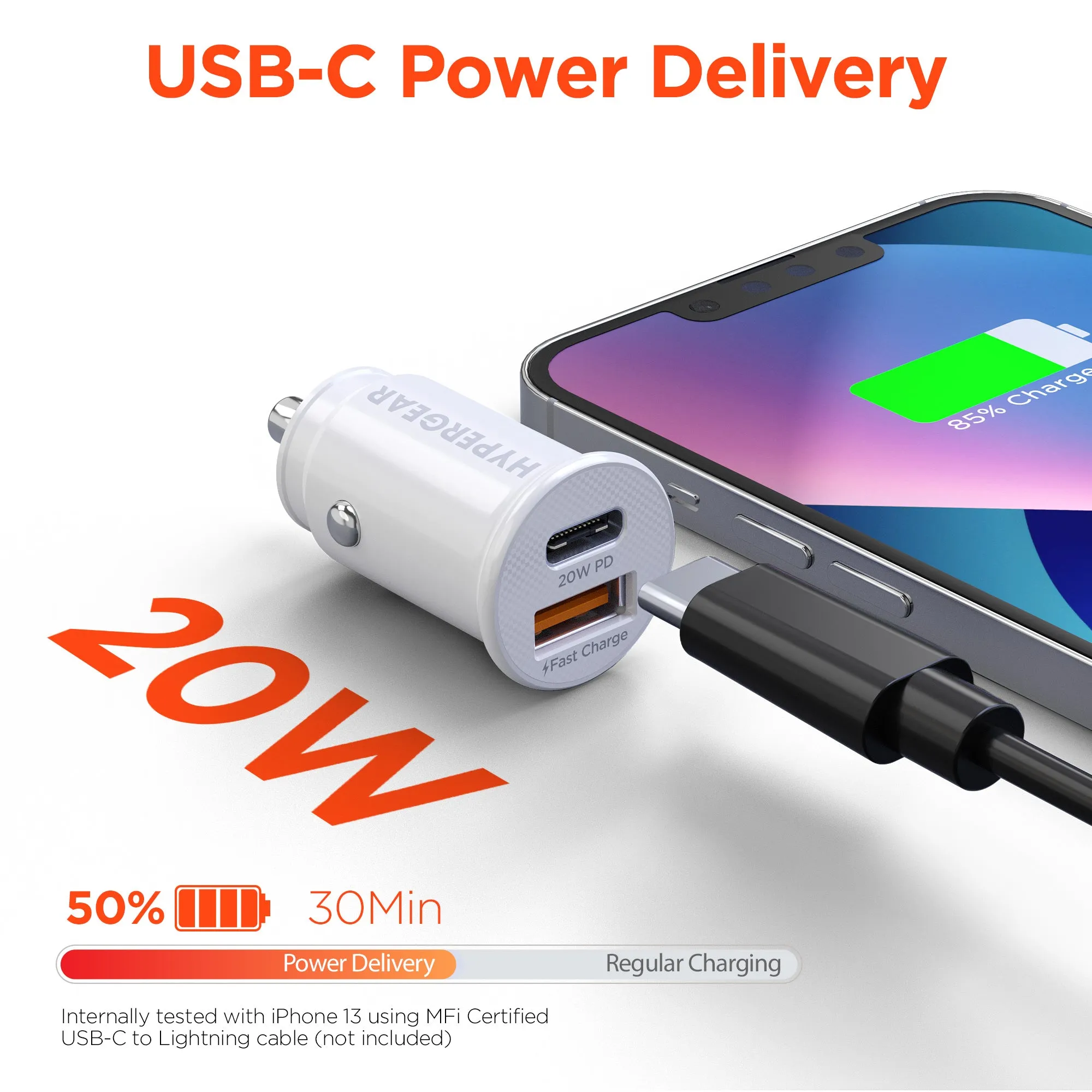 mini 20W USB-C PD   18W USB Fast Car Charger | White