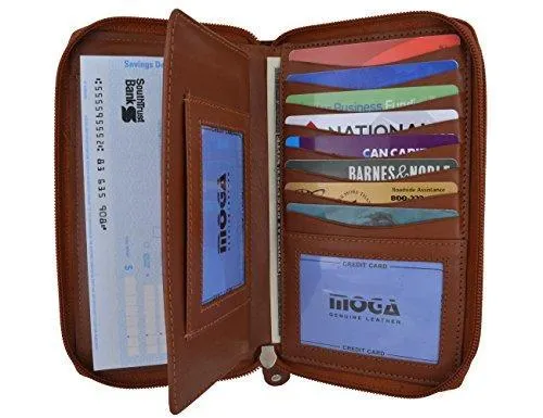 Moga Large Capacity Women Wallet Genuine Leather Clutch Wallet Card Holder Organizer Ladies Purse Double Zipper Long Wallet (1, Tan)