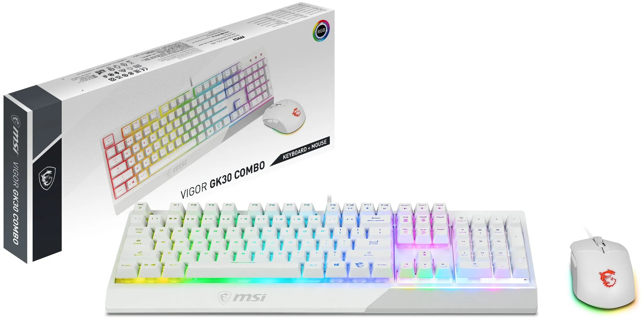 MSI VIGOR GK30 COMBO WHITE UK RGB MEMchanical Gaming Keyboard   Clutch GM11 WHITE Gaming Mouse ' UK Layout, 6-Zone RGB Lighting Keyboard, Dual-Zone RGB Lighting Mouse, 5000 DPI Optical Sensor, Center'