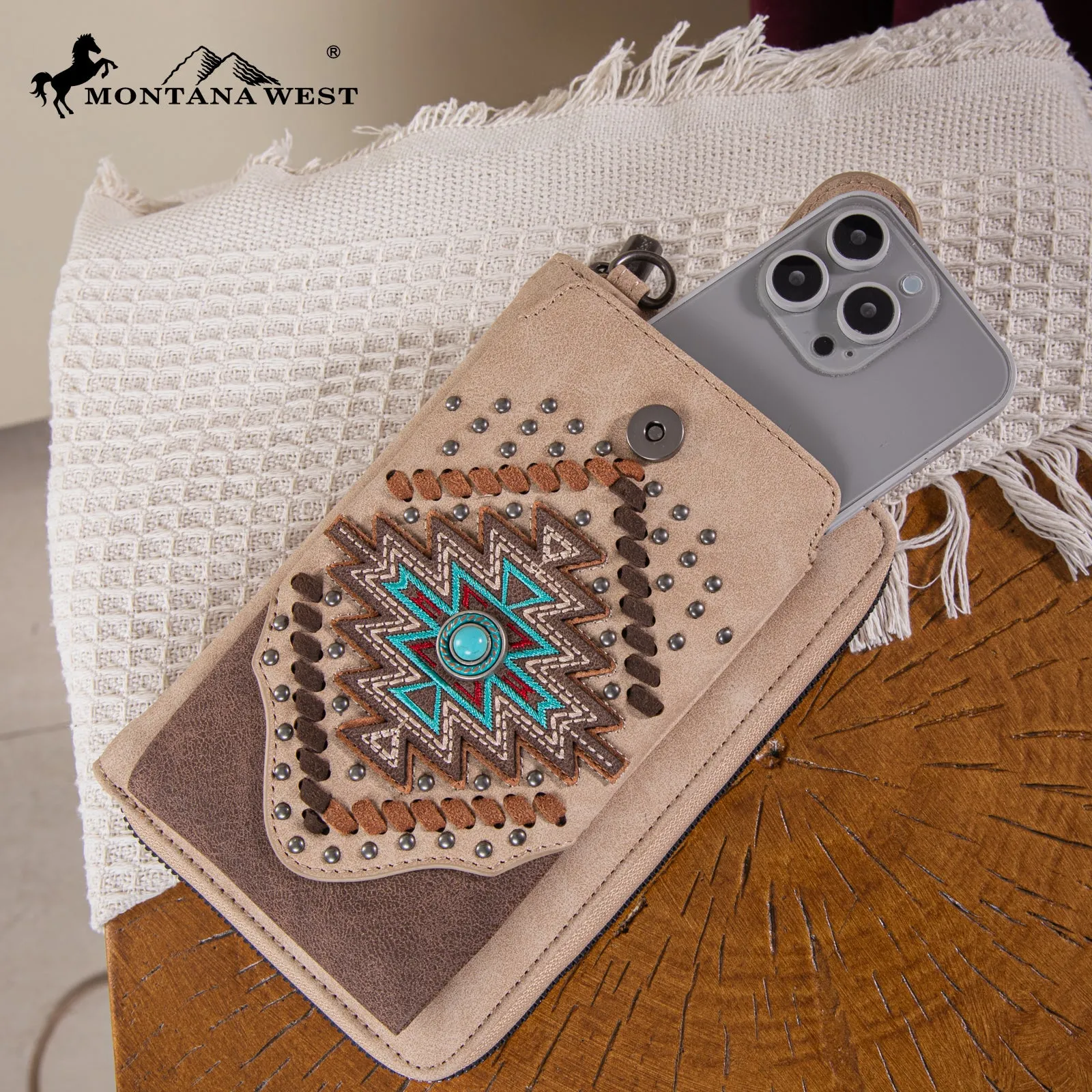 MW1315-183  Montana West Embroidered Aztec Collection Phone Wallet/Crossbody - Tan